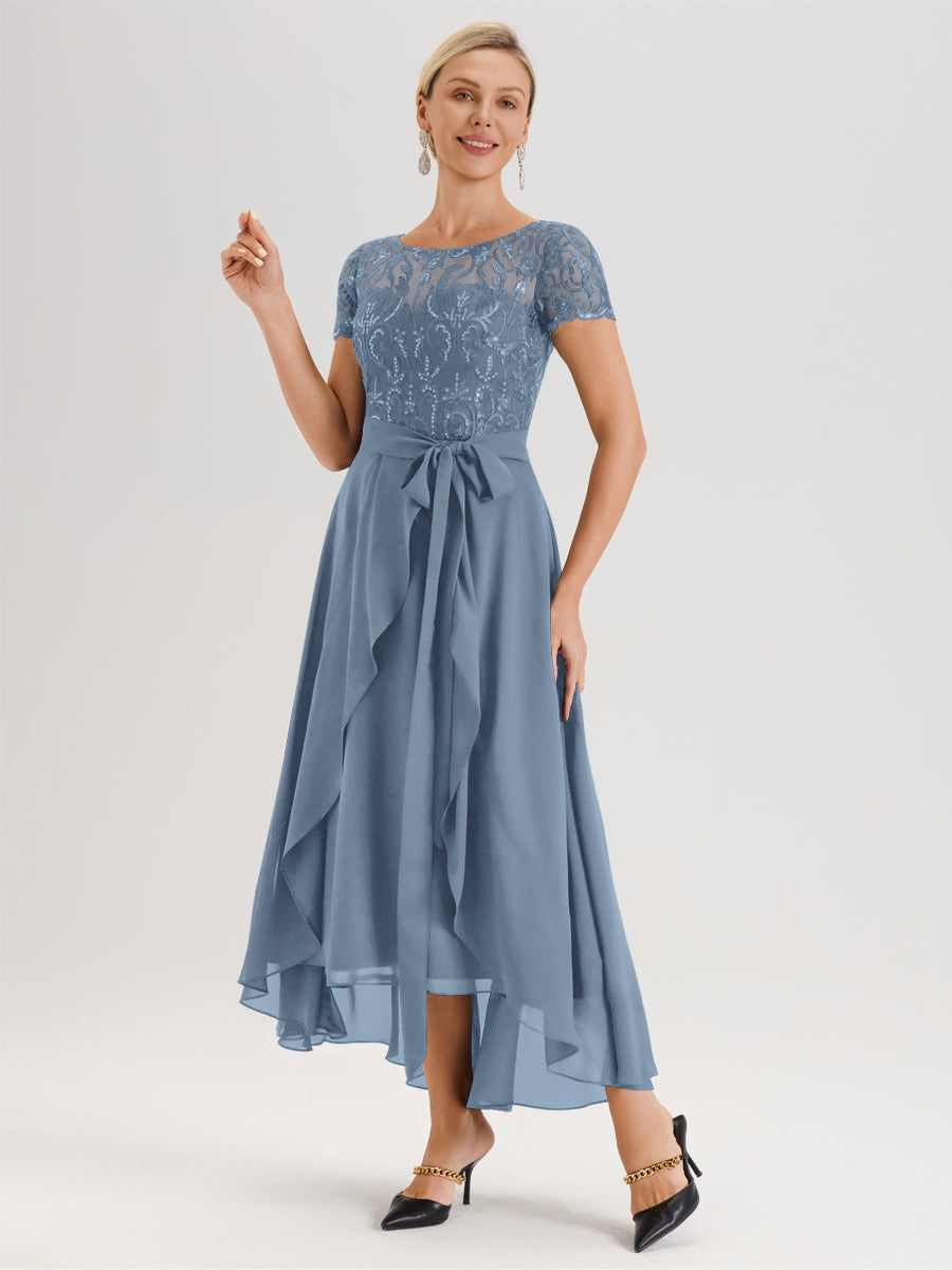 Cicinia Bleu De Schiste Robe De Mère De La Mariée Longue À Ourlet Asymétrique Ligne A En Dentelle Et Mousseline À Col Rond Et Manches Demi