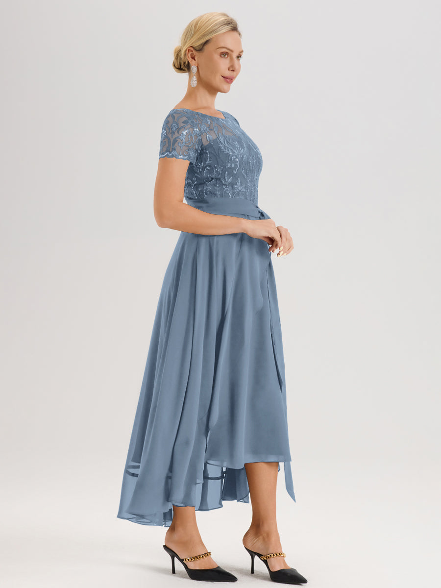 Cicinia Bleu De Schiste Robe De Mère De La Mariée Longue À Ourlet Asymétrique Ligne A En Dentelle Et Mousseline À Col Rond Et Manches Demi