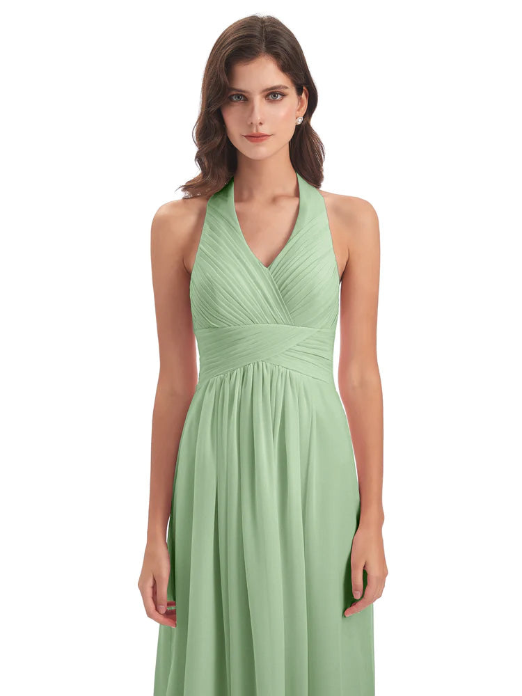 Robe De Demoiselle D'Honneur En Mousseline De Sauge Poussiéreuse Camila Licou Dos Nu Plis Robes Demoiselle D'Honneur