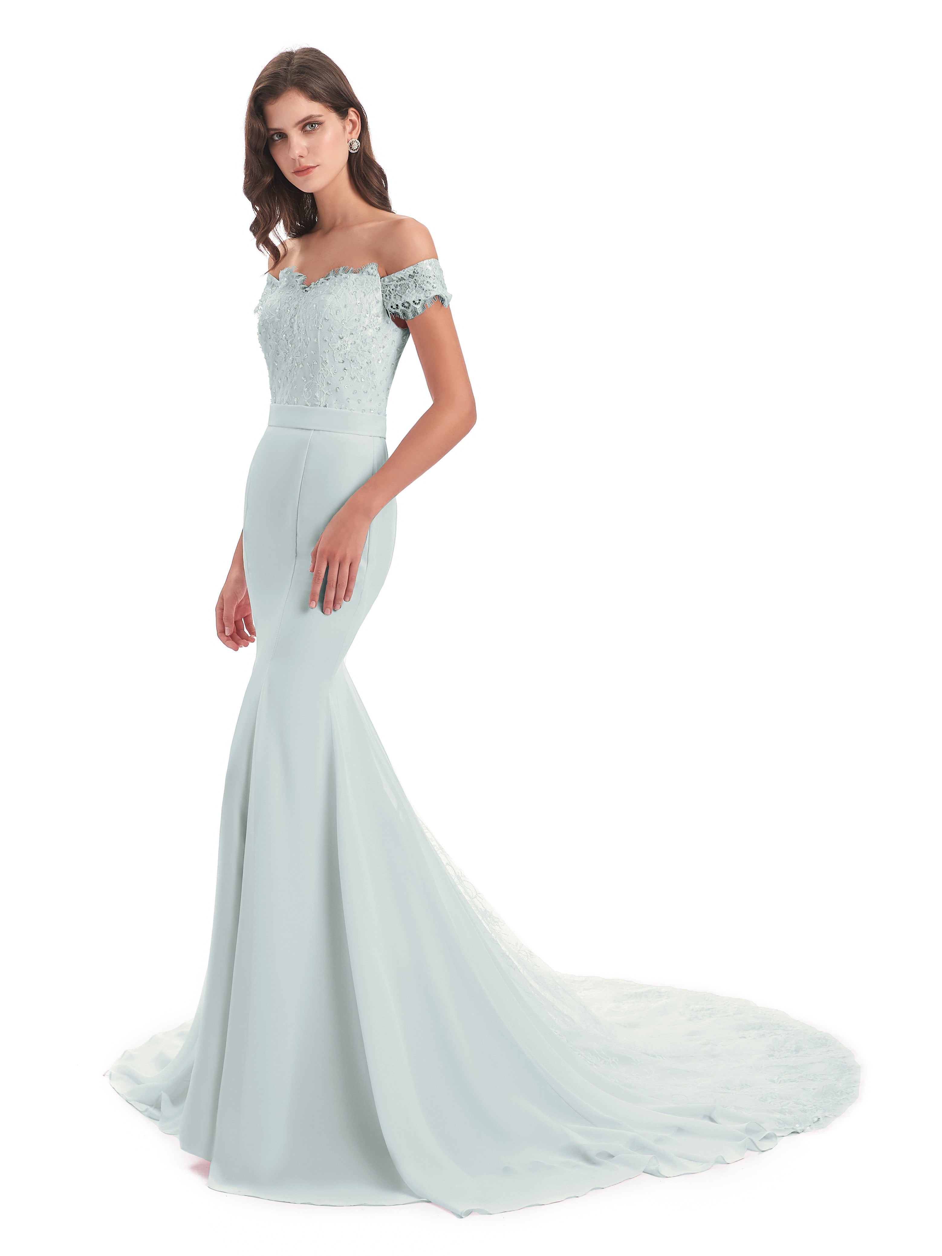 Robe Demoiselle D Honneur Celadon Sirène Traîne Tribunal Hors-La-Épaule Robes Demoiselle D'Honneur