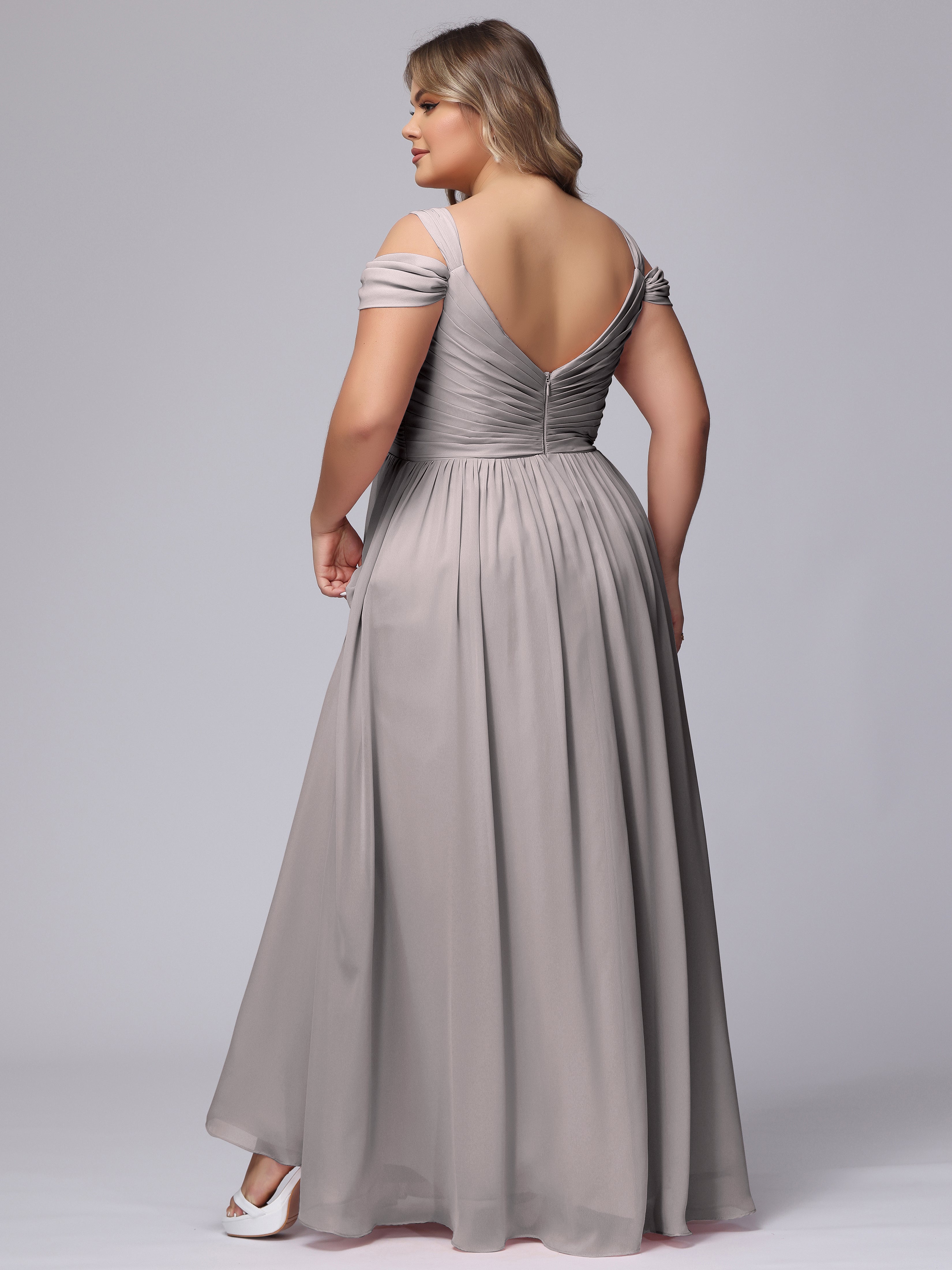 Robe Argentée Demoiselle D Honneur Fendue Col V Dos En V Mousseline Robes Demoiselle D'Honneur Grande Taille