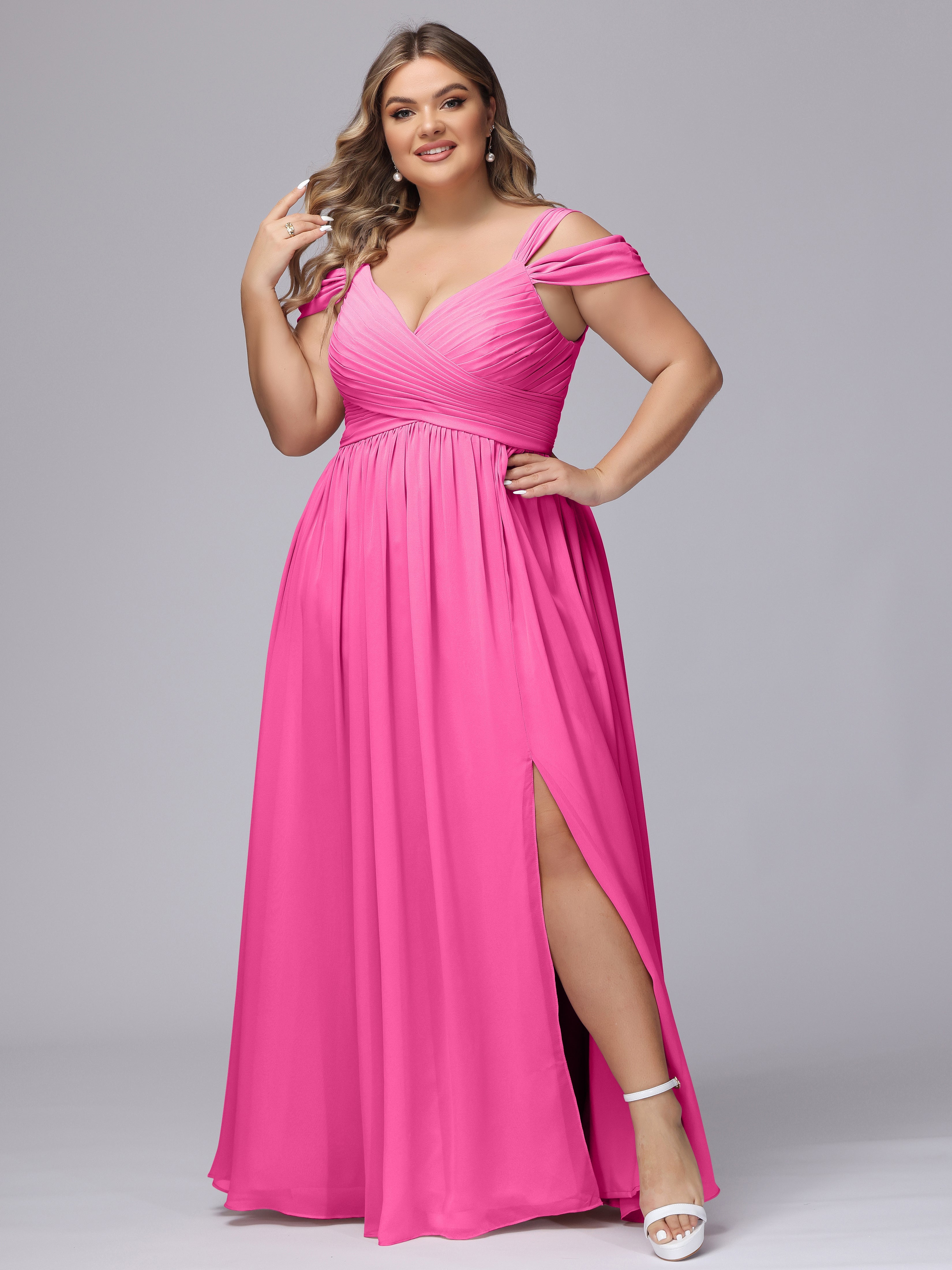 Robe Demoiselle D Honneur En Azalée Fendue Col V Dos En V Mousseline Robes Demoiselle D'Honneur Grande Taille