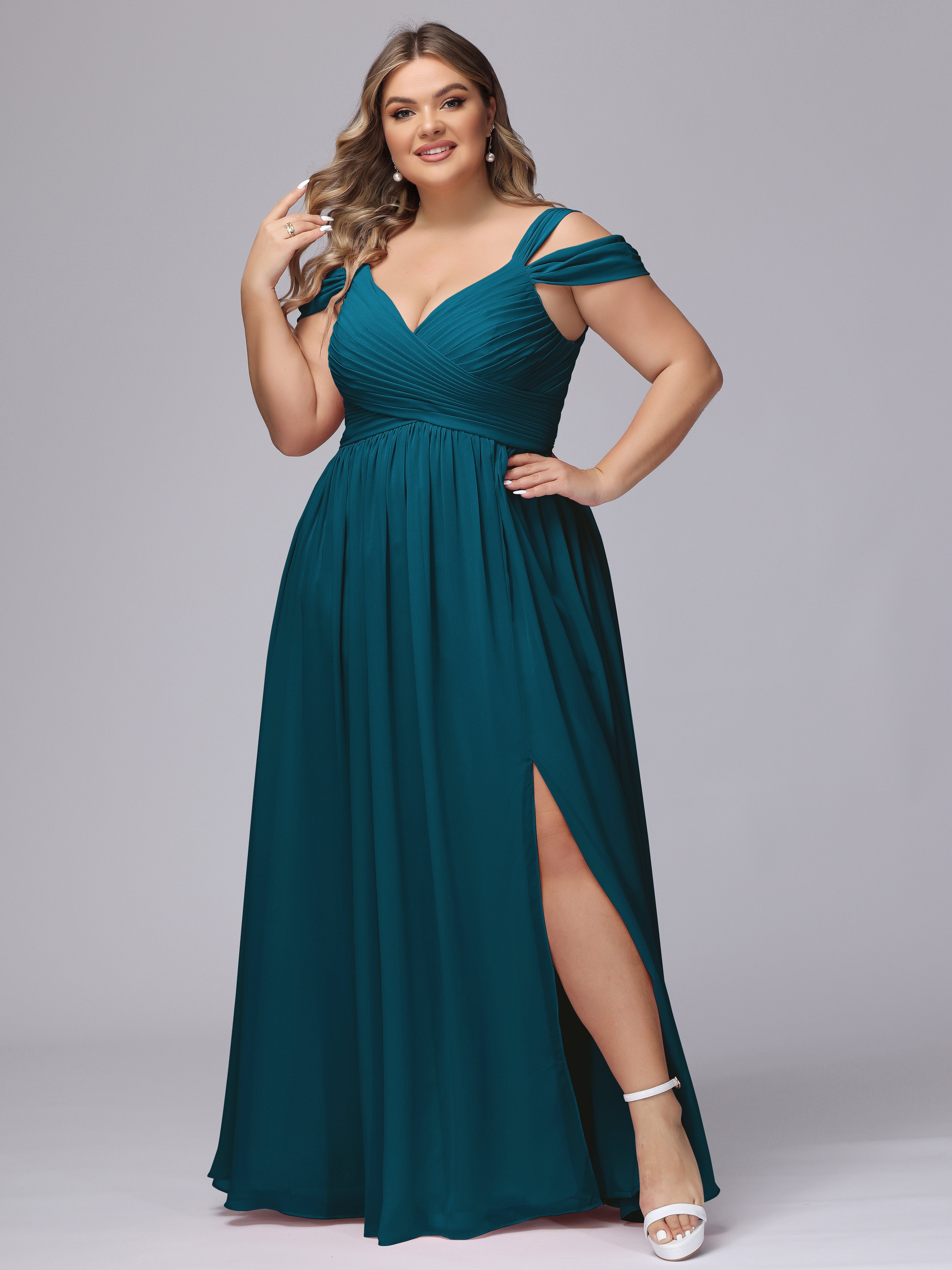 Robes De Demoiselle D'Honneur Bleu Encre Fendue Col V Dos En V Mousseline Robes Demoiselle D'Honneur Grande Taille