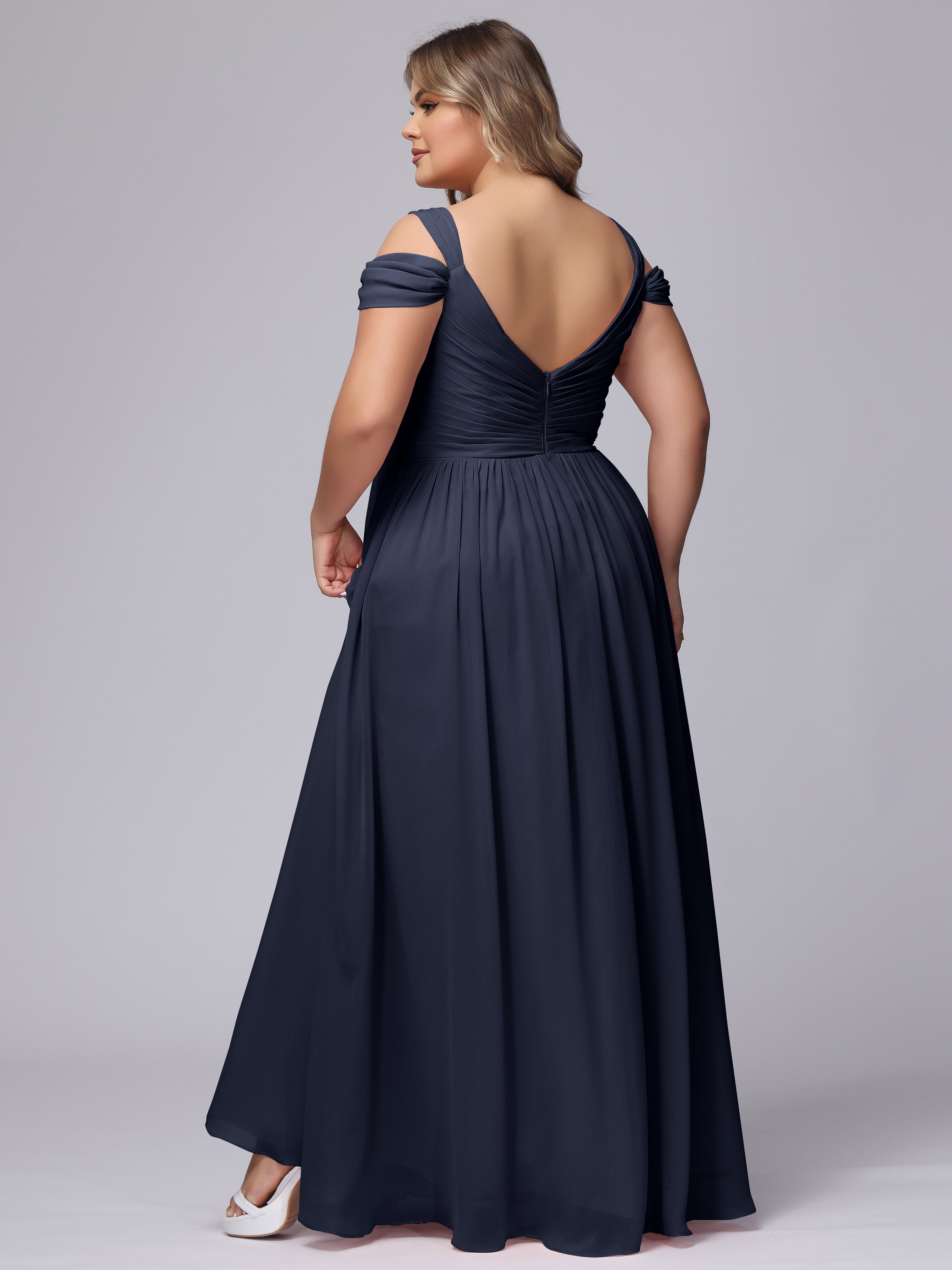 Robes De Demoiselle D'Honneur Bleu Marine Foncé Fendue Col V Dos En V Mousseline Robes Demoiselle D'Honneur Grande Taille