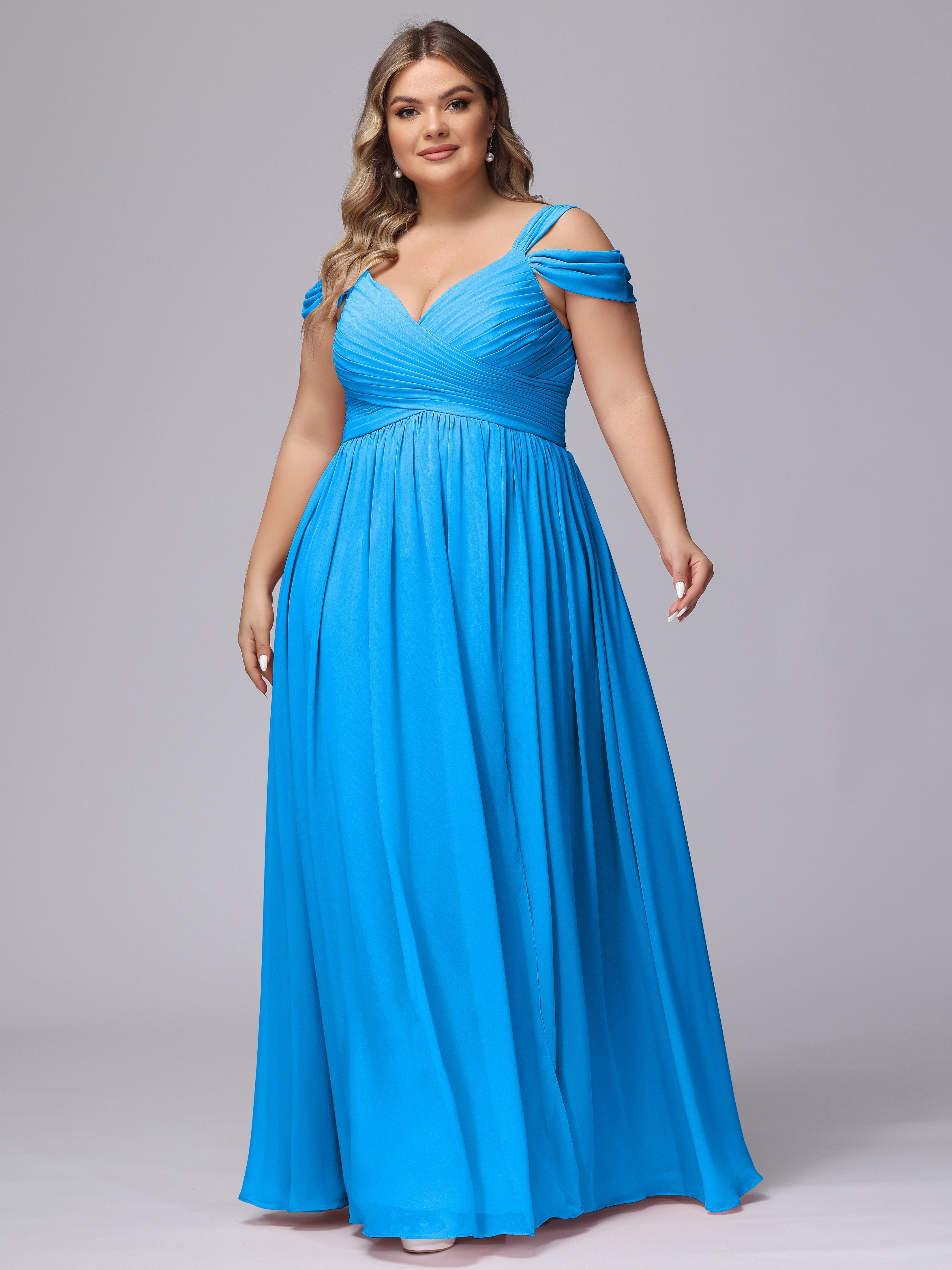 Robes De Demoiselle D'Honneur Bleu Océan Fendue Col V Dos En V Mousseline Robes Demoiselle D'Honneur Grande Taille