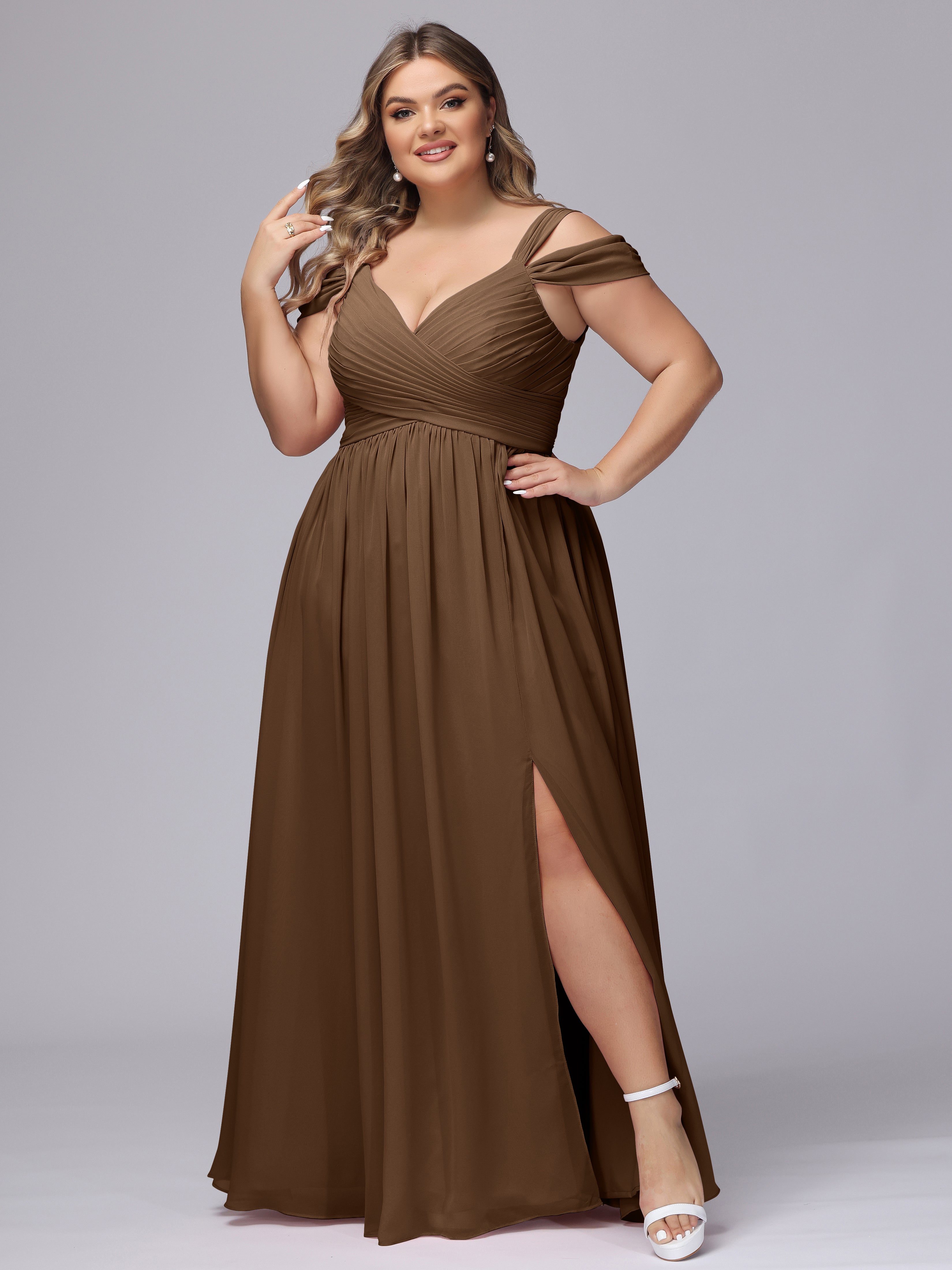 Robe Demoiselle D Honneur Brun Fendue Col V Dos En V Mousseline Robes Demoiselle D'Honneur Grande Taille