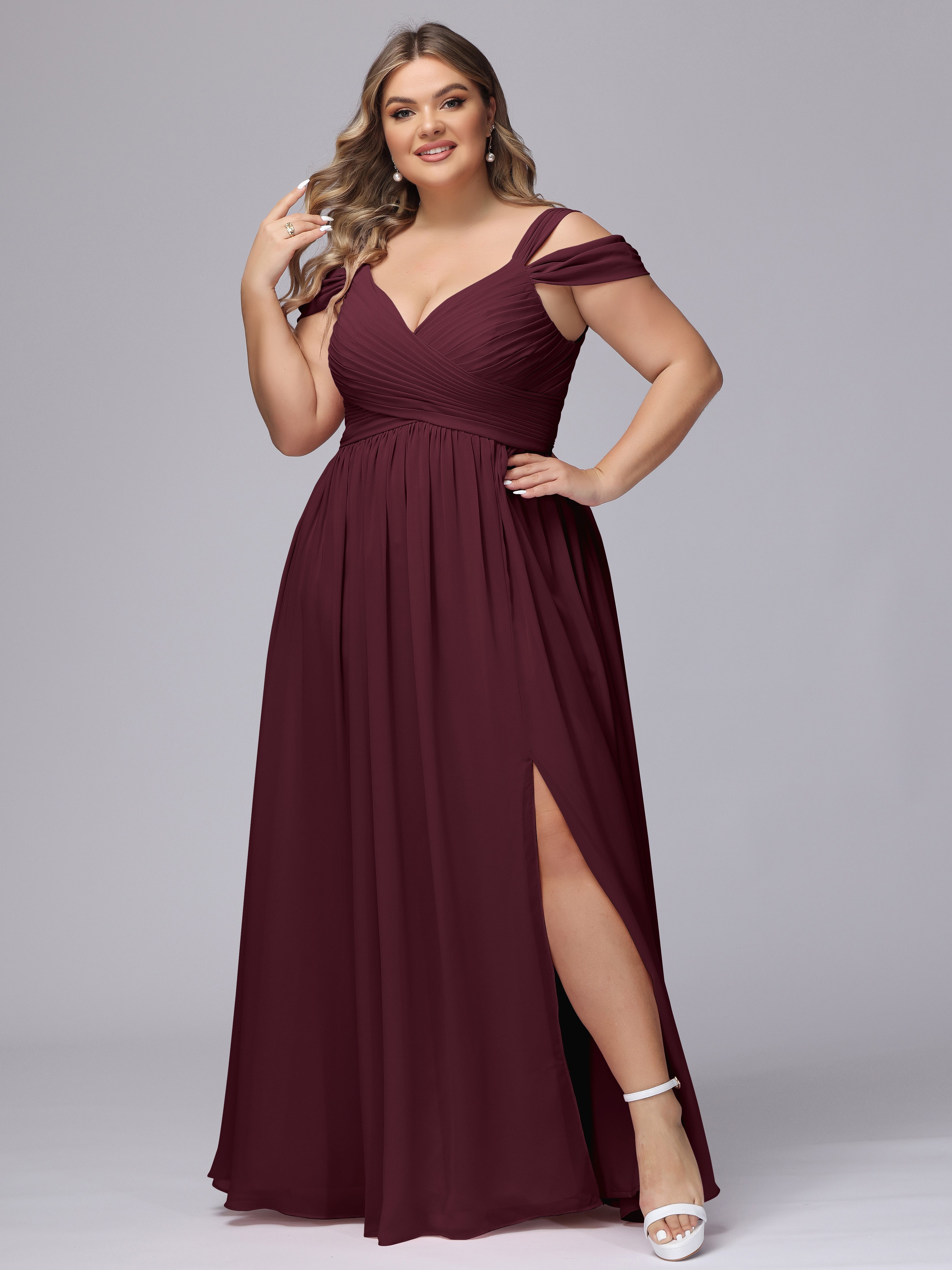 Robes De Demoiselle D'Honneur Cabernet Fendue Col V Dos En V Mousseline Robes Demoiselle D'Honneur Grande Taille