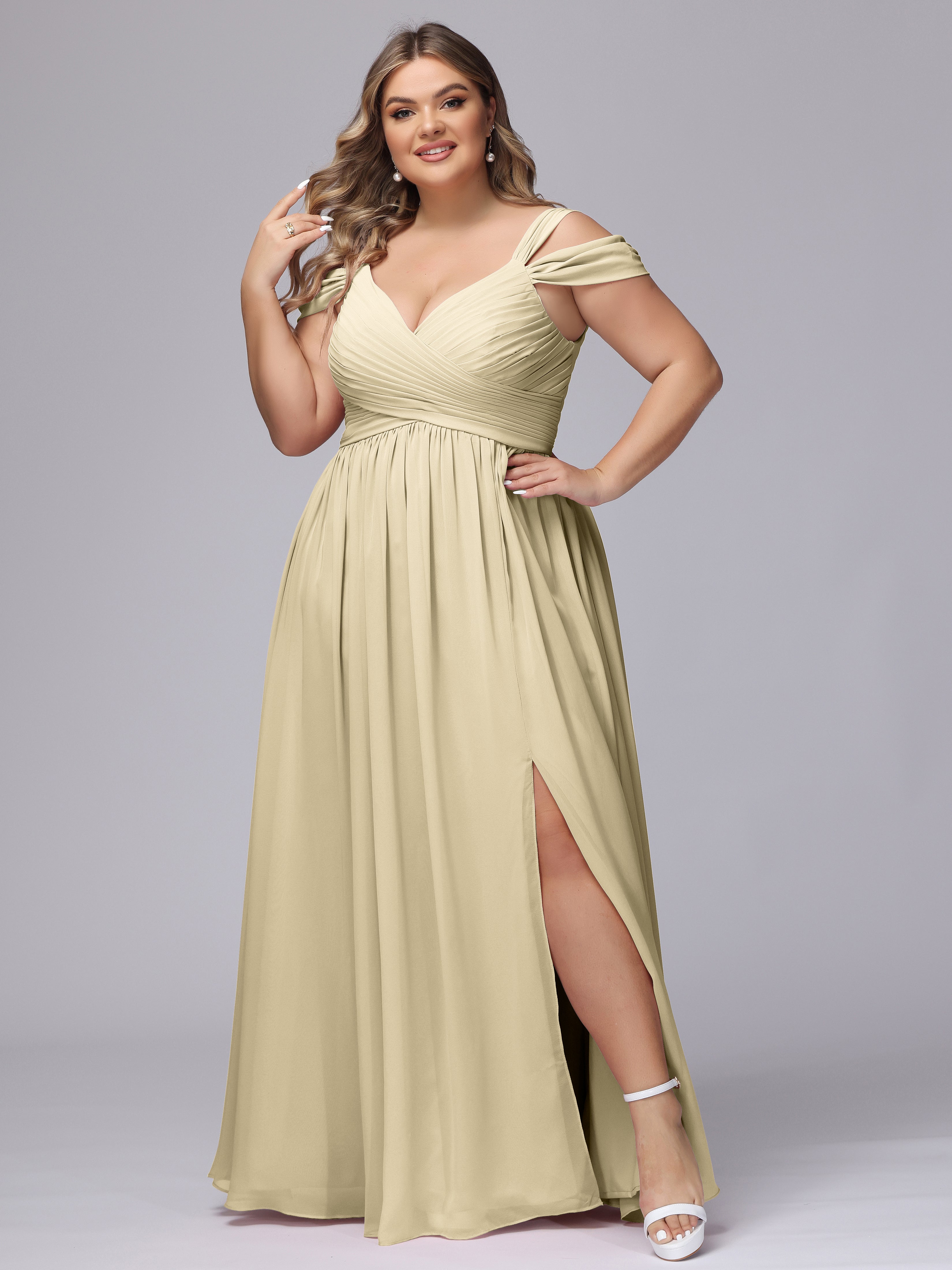 Robe Champagne Demoiselle D Honneur Fendue Col V Dos En V Mousseline Robes Demoiselle D'Honneur Grande Taille