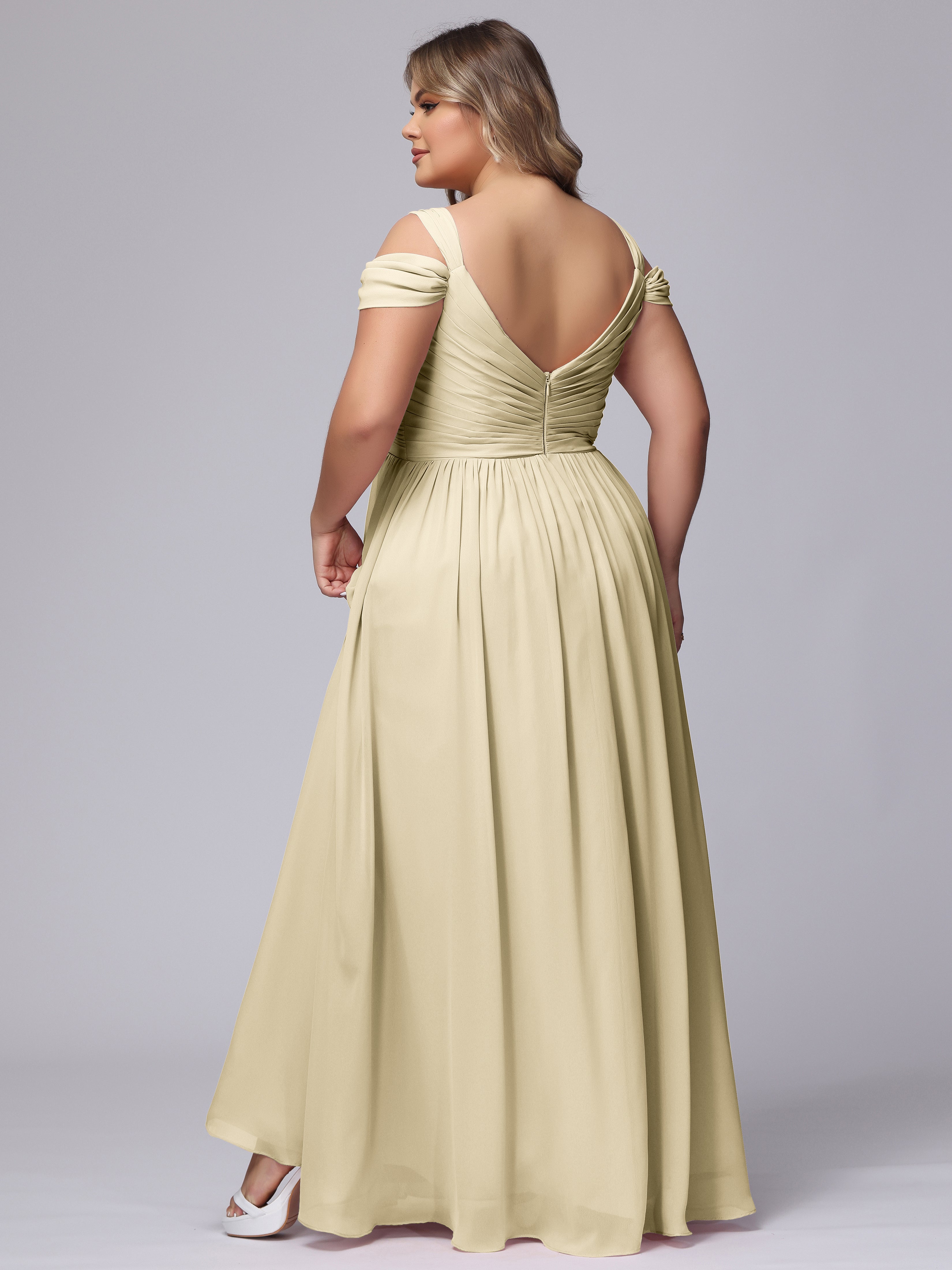 Robe Champagne Demoiselle D Honneur Fendue Col V Dos En V Mousseline Robes Demoiselle D'Honneur Grande Taille