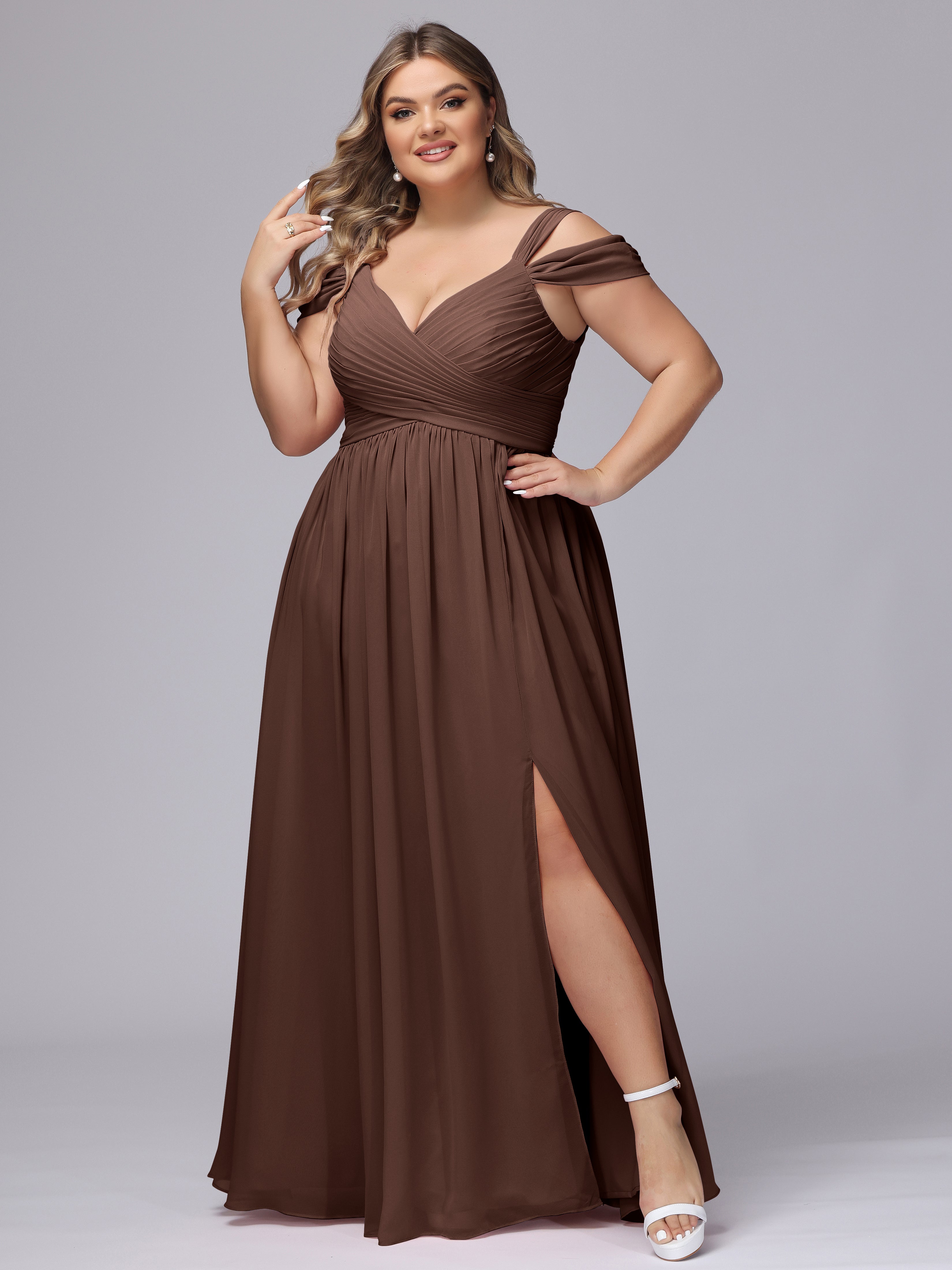 Robe Chocolat Demoiselle D Honneur Fendue Col V Dos En V Mousseline Robes Demoiselle D'Honneur Grande Taille