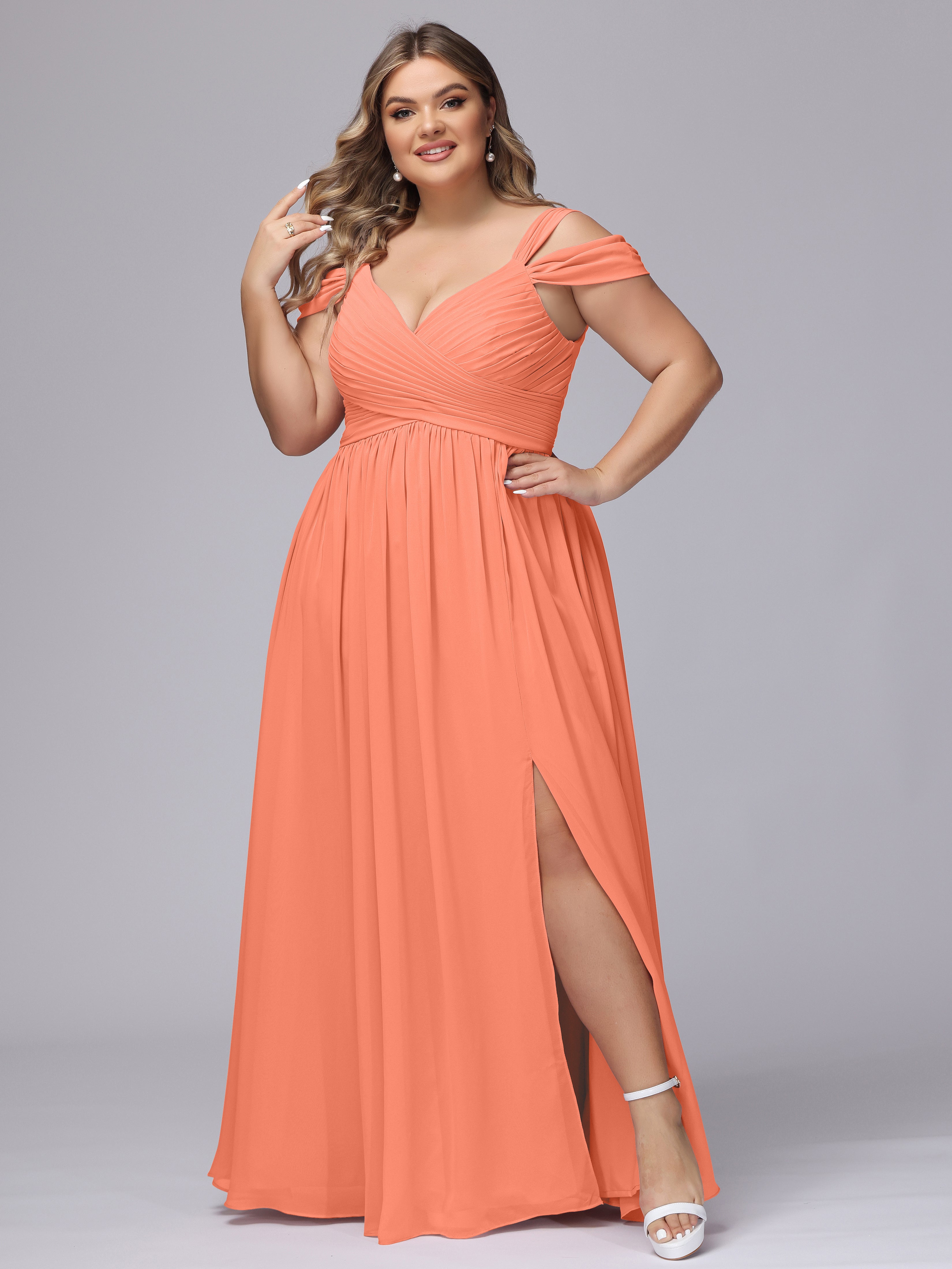 Robes De Demoiselle D'Honneur Coucher De Soleil Fendue Col V Dos En V Mousseline Robes Demoiselle D'Honneur Grande Taille