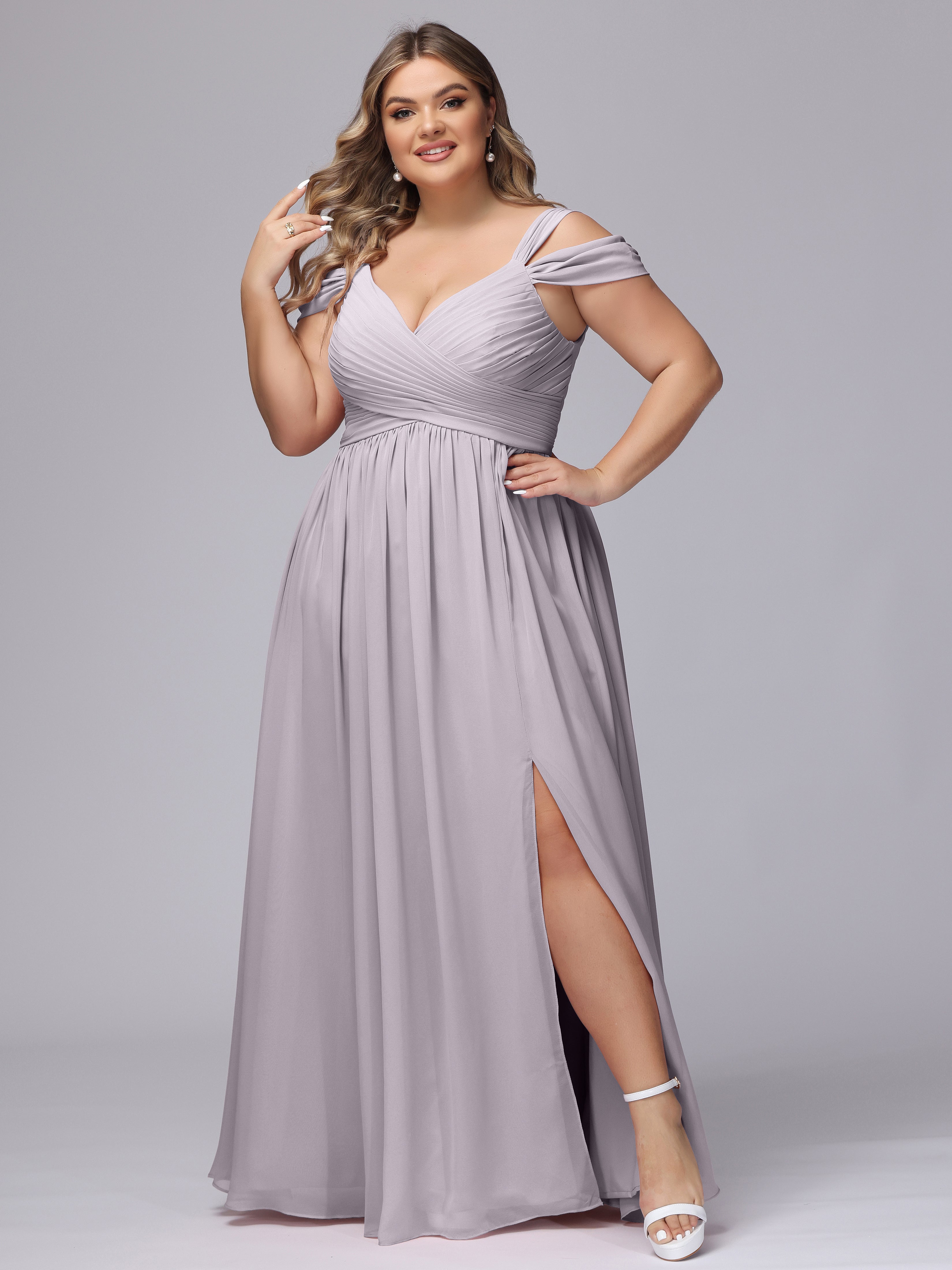 Robes De Demoiselle D'Honneur Couleur Crépuscule Fendue Col V Dos En V Mousseline Robes Demoiselle D'Honneur Grande Taille