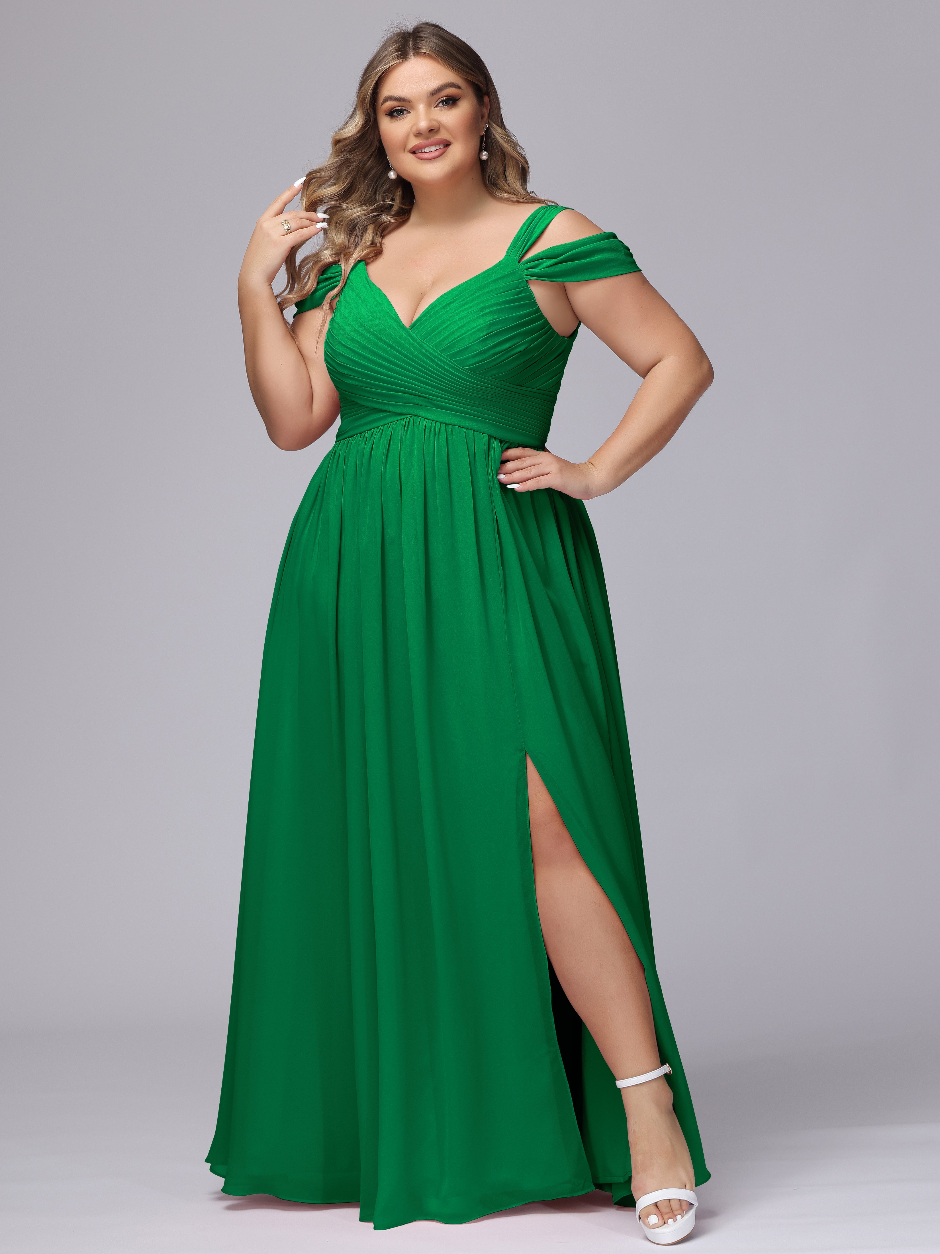 Robes De Demoiselle D'Honneur Vert Émeraude Foncé Fendue Col V Dos En V Mousseline Robes Demoiselle D'Honneur Grande Taille