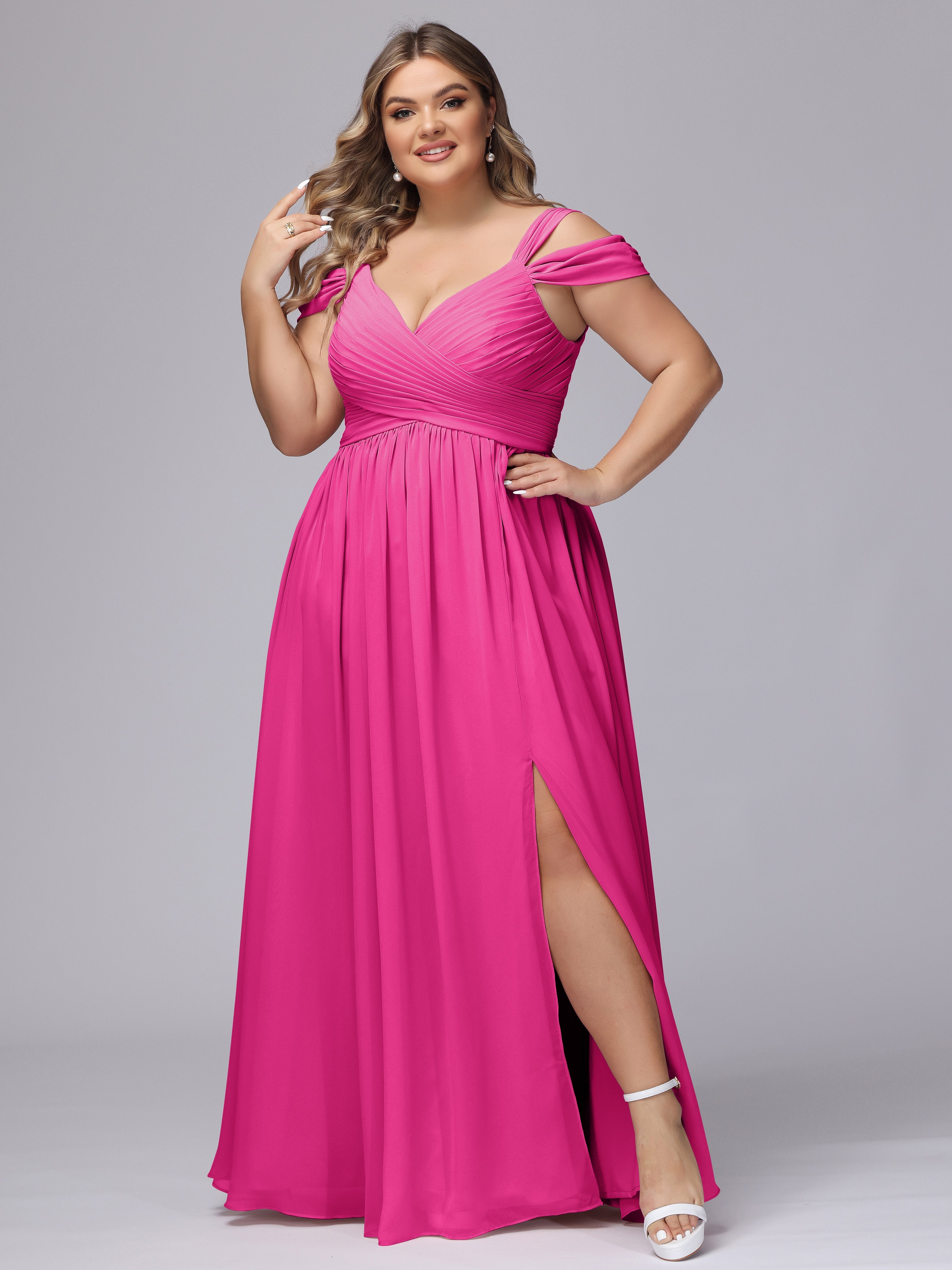 Robes De Demoiselle D'Honneur Couleur Fuchsia Rose Fendue Col V Dos En V Mousseline Robes Demoiselle D'Honneur Grande Taille