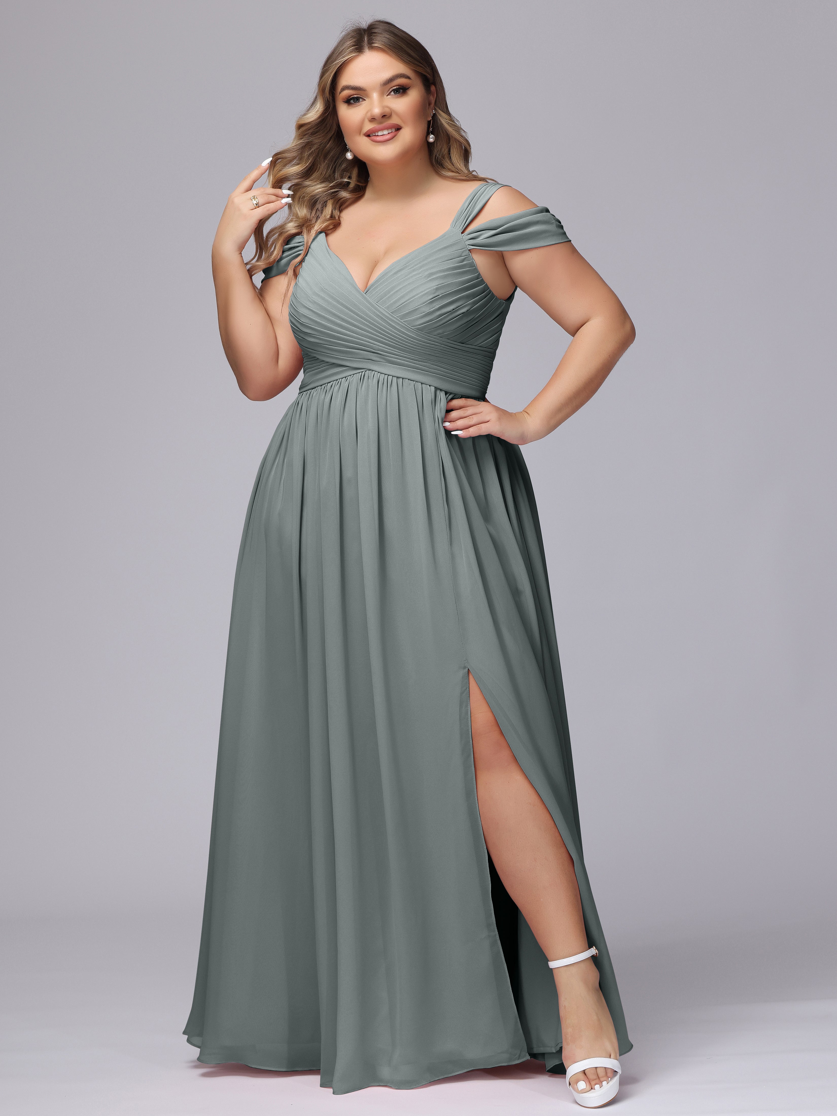 Robe Demoiselle D Honneur Grise Fendue Col V Dos En V Mousseline Robes Demoiselle D'Honneur Grande Taille