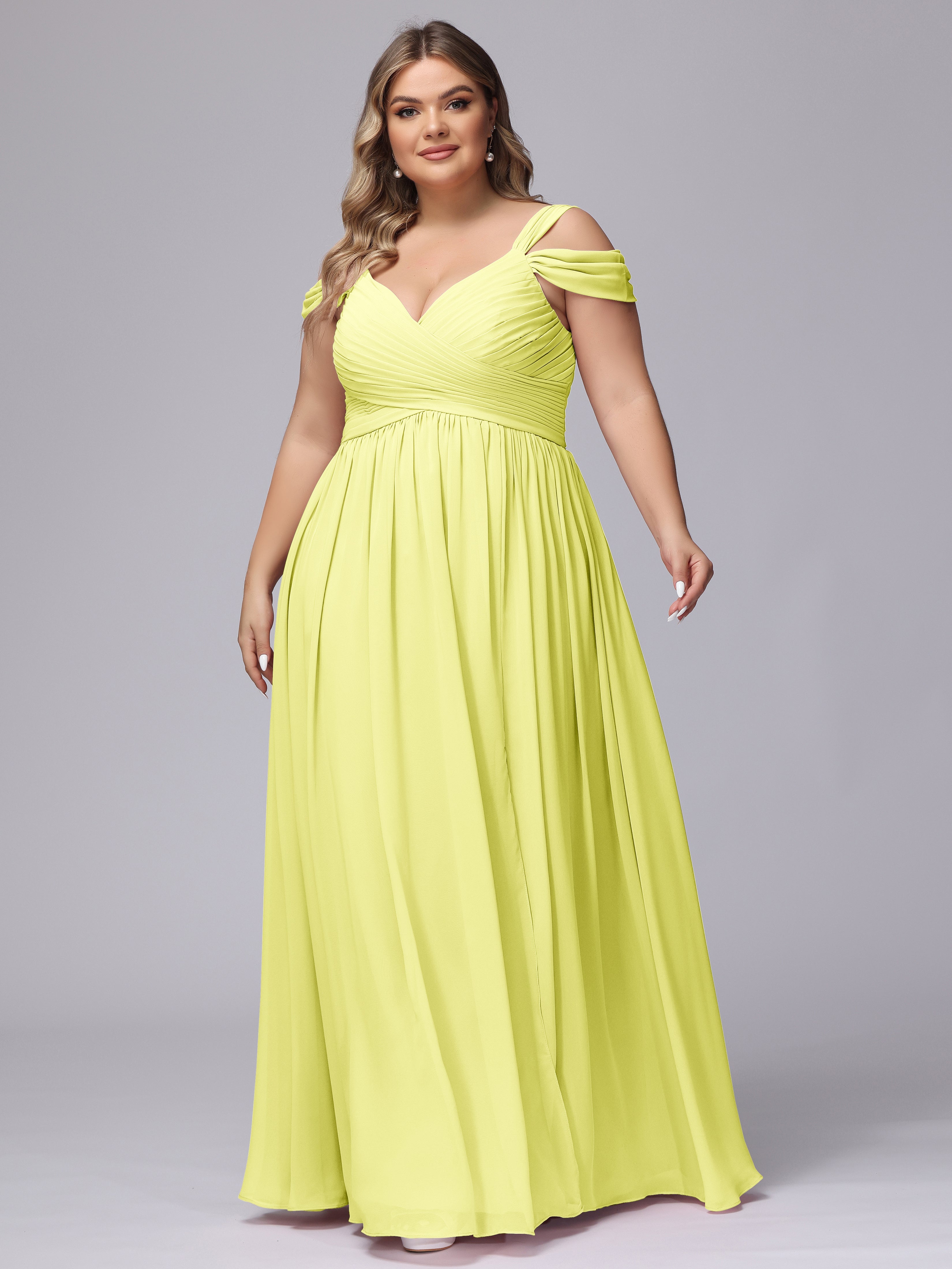 Robes De Demoiselle D'Honneur Jonquille Fendue Col V Dos En V Mousseline Robes Demoiselle D'Honneur Grande Taille