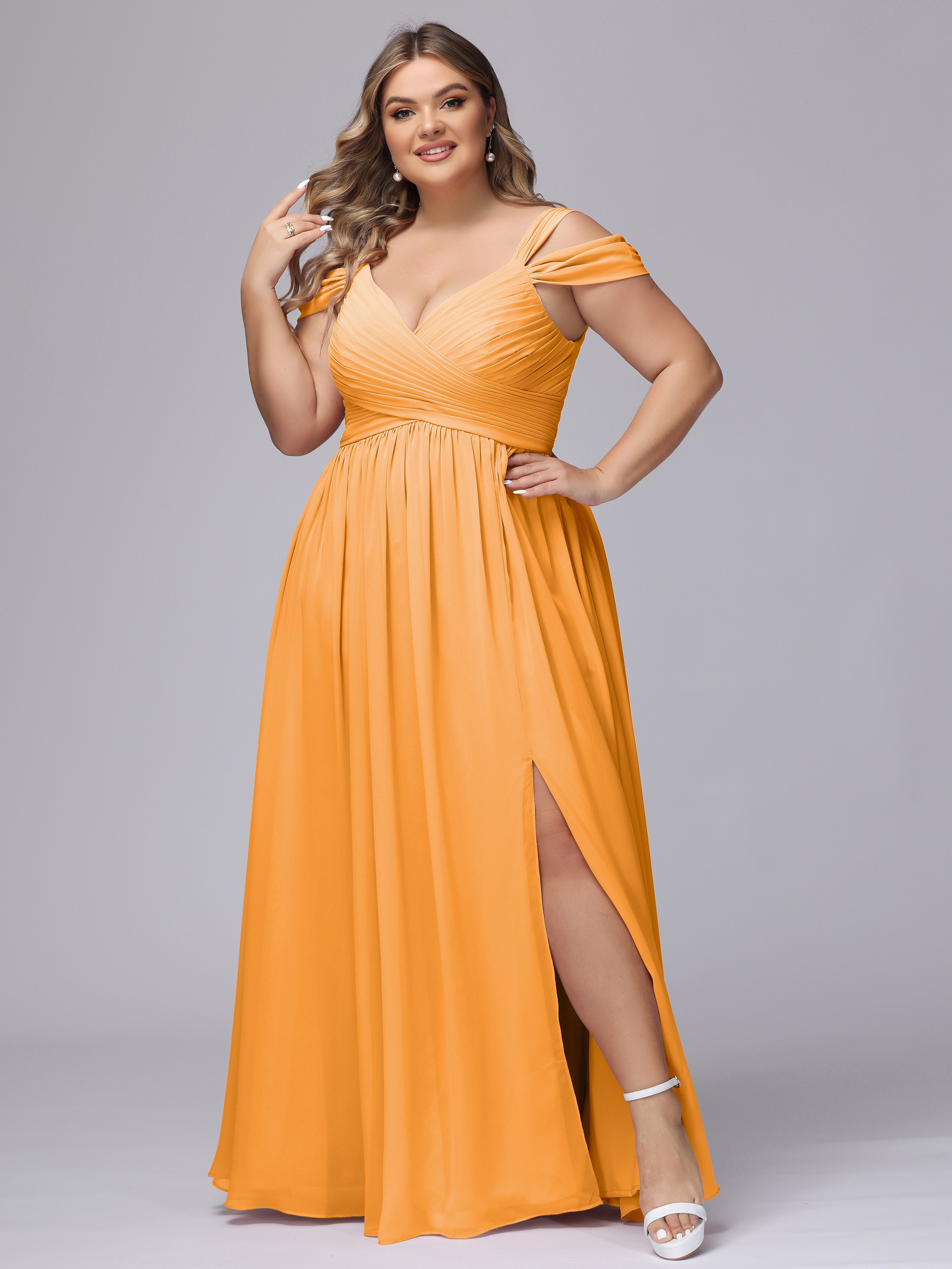 Robes De Demoiselle D'Honneur Mandarine Fendue Col V Dos En V Mousseline Robes Demoiselle D'Honneur Grande Taille