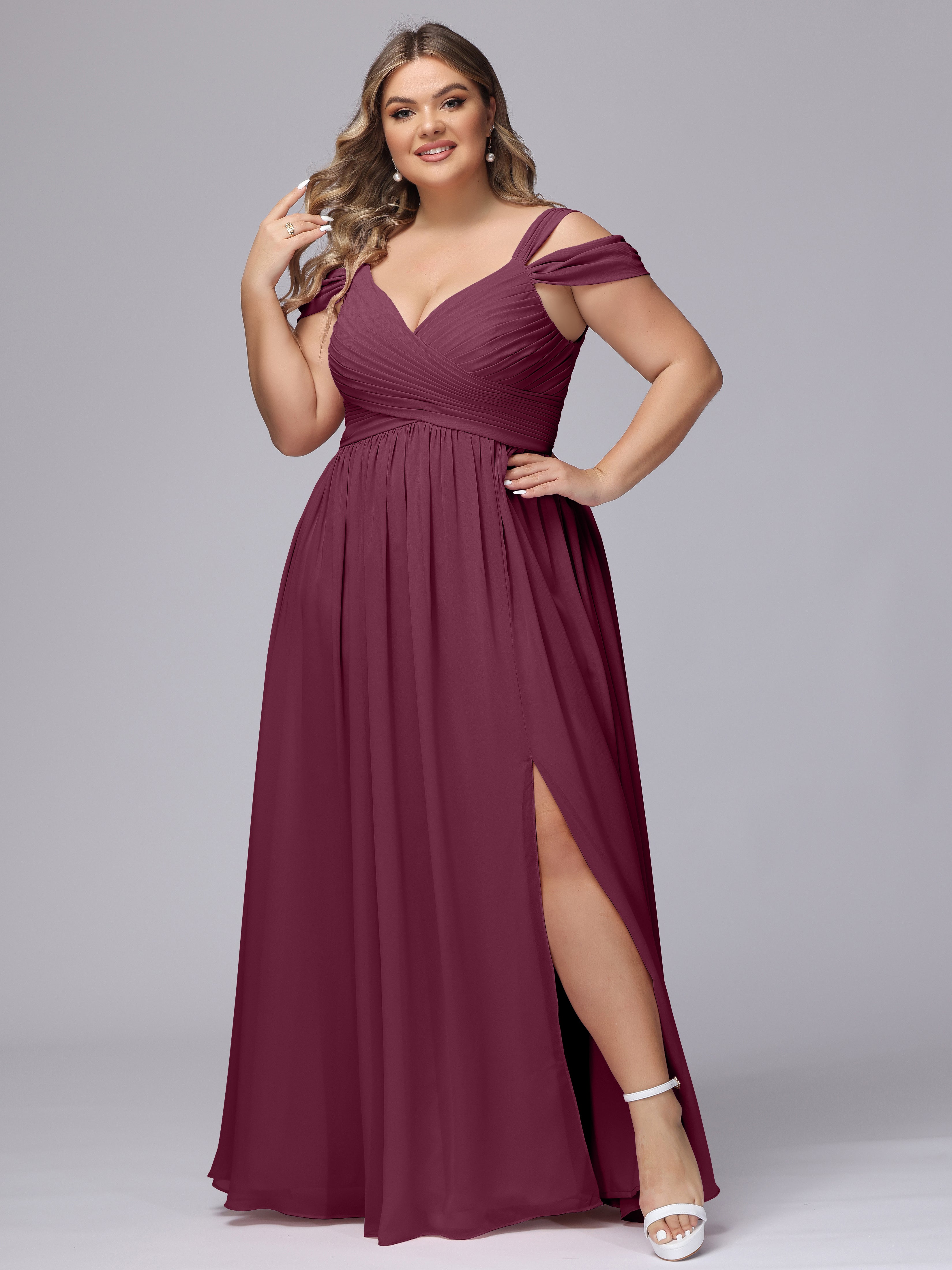 Robes De Demoiselle D'Honneur Mûre Fendue Col V Dos En V Mousseline Robes Demoiselle D'Honneur Grande Taille