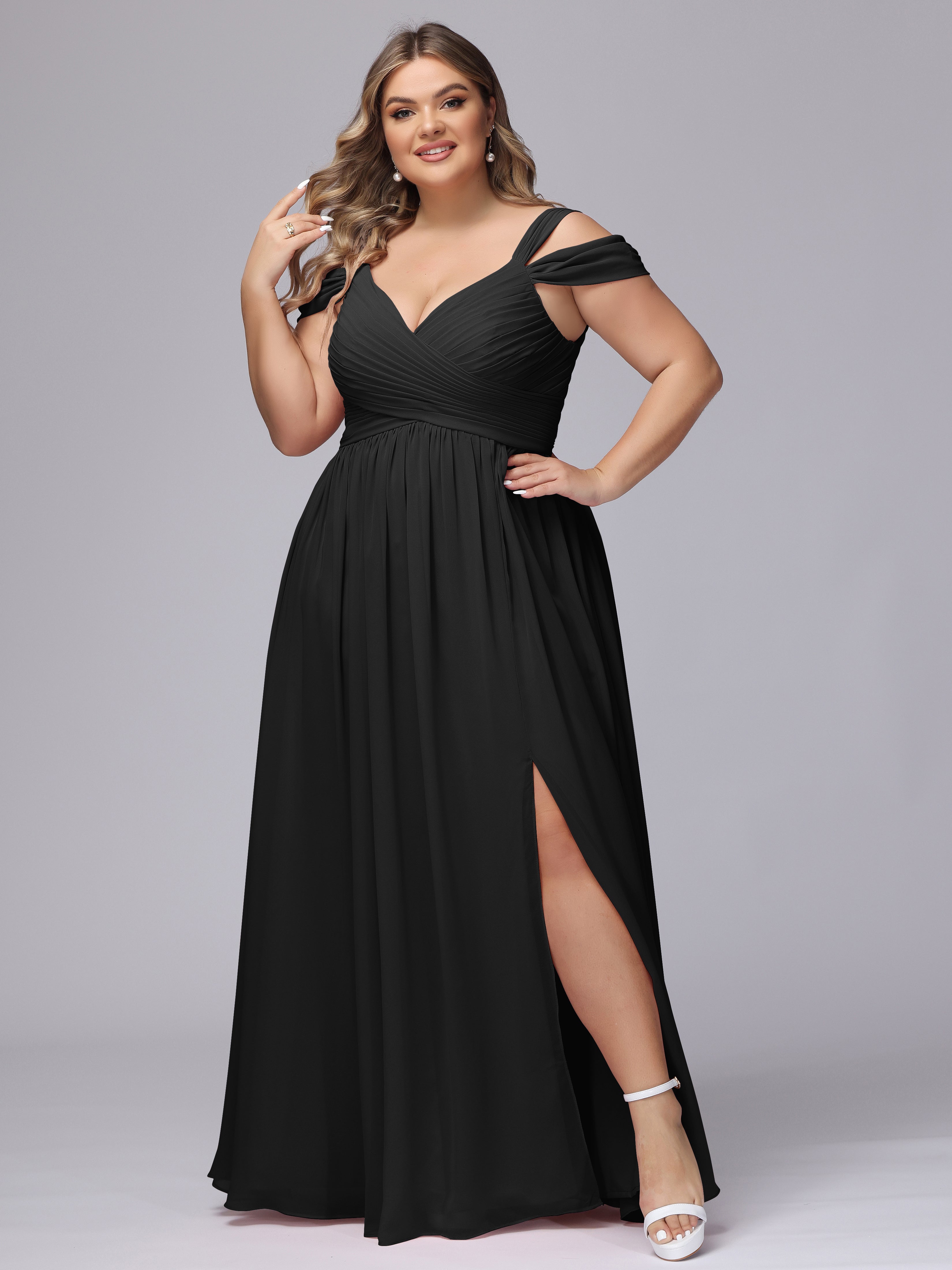 Robe Noir Demoiselle D Honneur Fendue Col V Dos En V Mousseline Robes Demoiselle D'Honneur Grande Taille