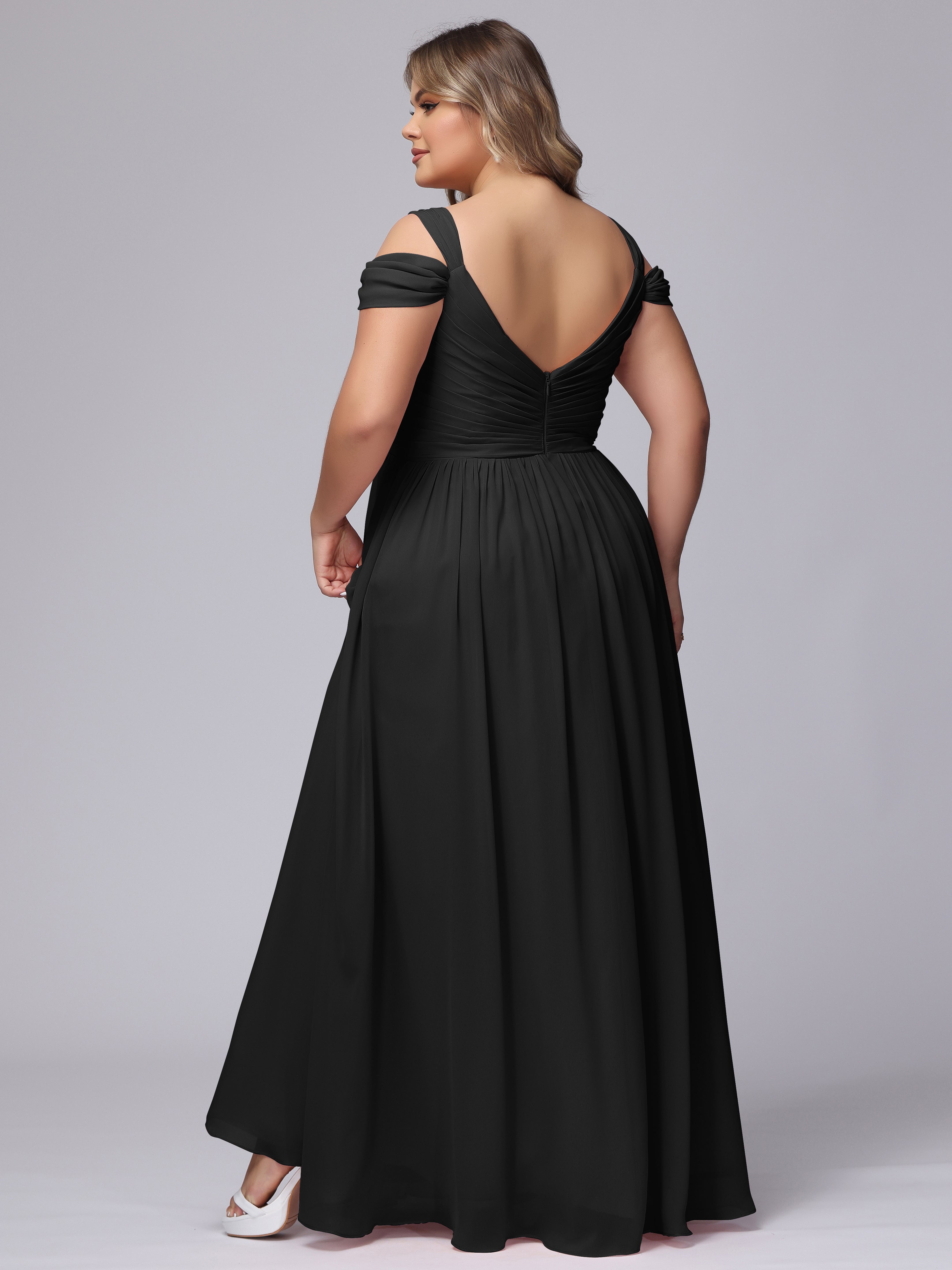Robe Noir Demoiselle D Honneur Fendue Col V Dos En V Mousseline Robes Demoiselle D'Honneur Grande Taille