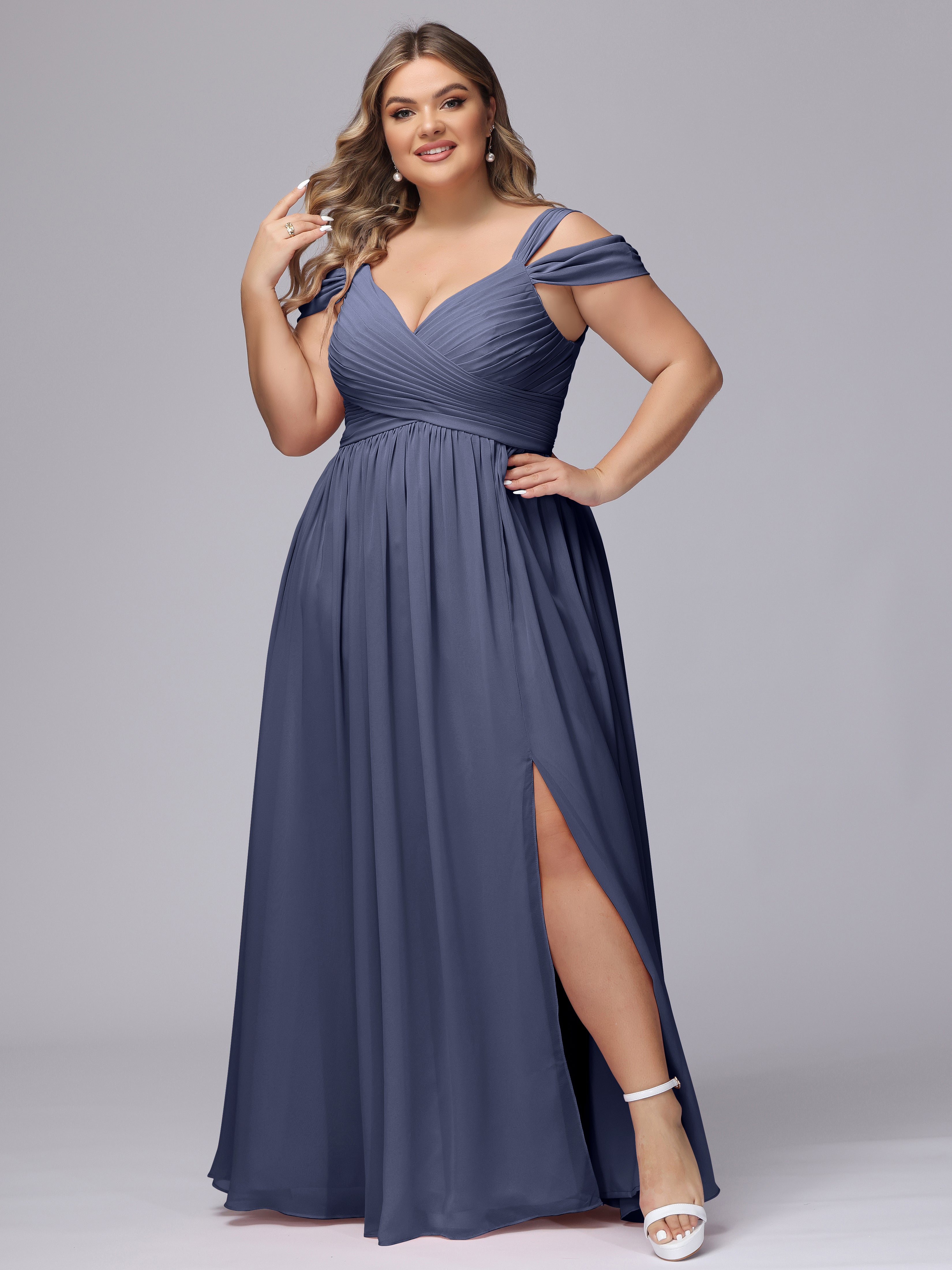 Robes De Demoiselle D'Honneur Bleu Orageux Fendue Col V Dos En V Mousseline Robes Demoiselle D'Honneur Grande Taille