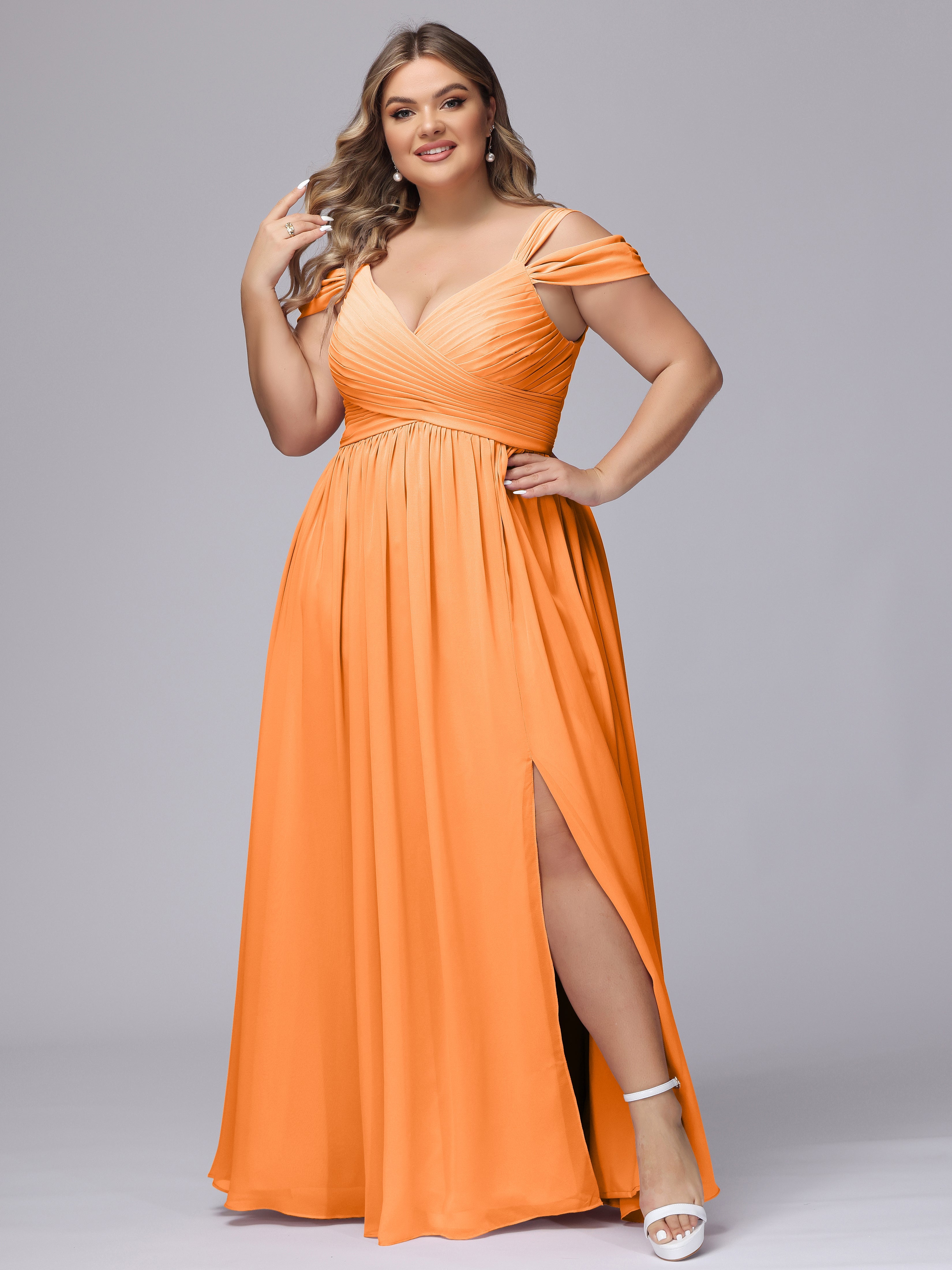 Robe Demoiselle Dhonneur Orange Fendue Col V Dos En V Mousseline Robes Demoiselle D'Honneur Grande Taille