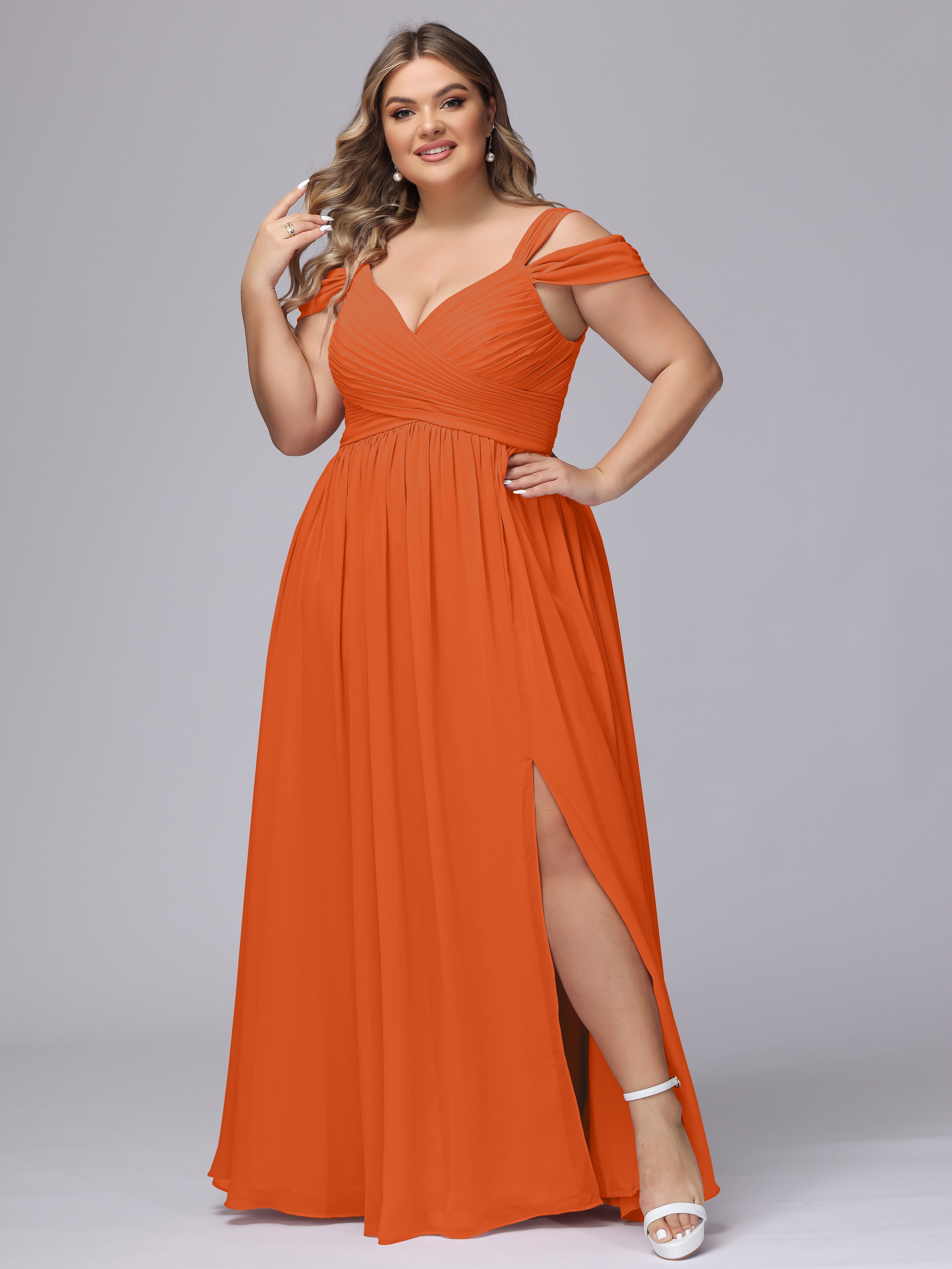 Robe Demoiselle D Honneur Orange Brulé Fendue Col V Dos En V Mousseline Robes Demoiselle D'Honneur Grande Taille