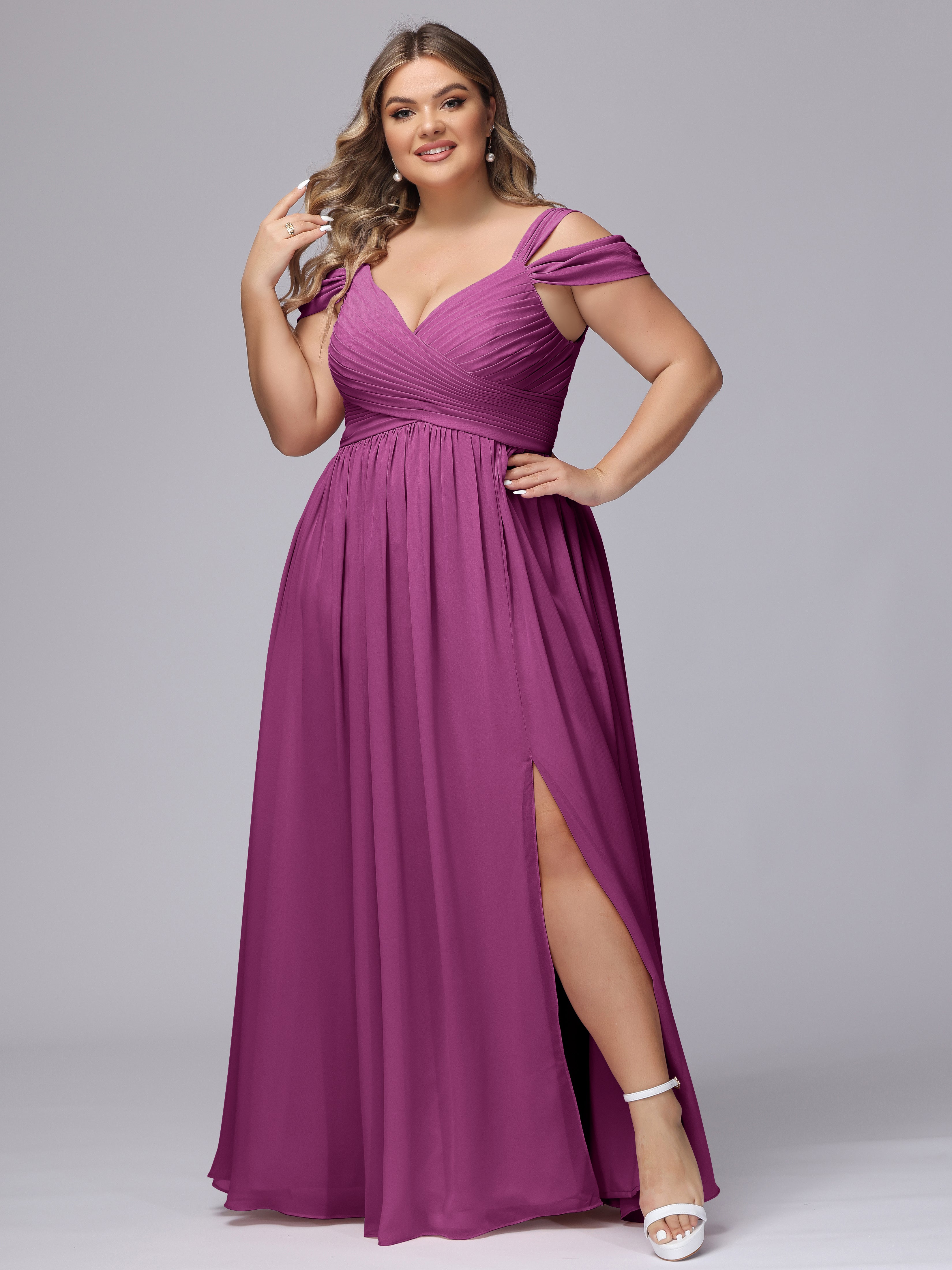 Robes De Demoiselle D'Honneur Orchidée Fendue Col V Dos En V Mousseline Robes Demoiselle D'Honneur Grande Taille