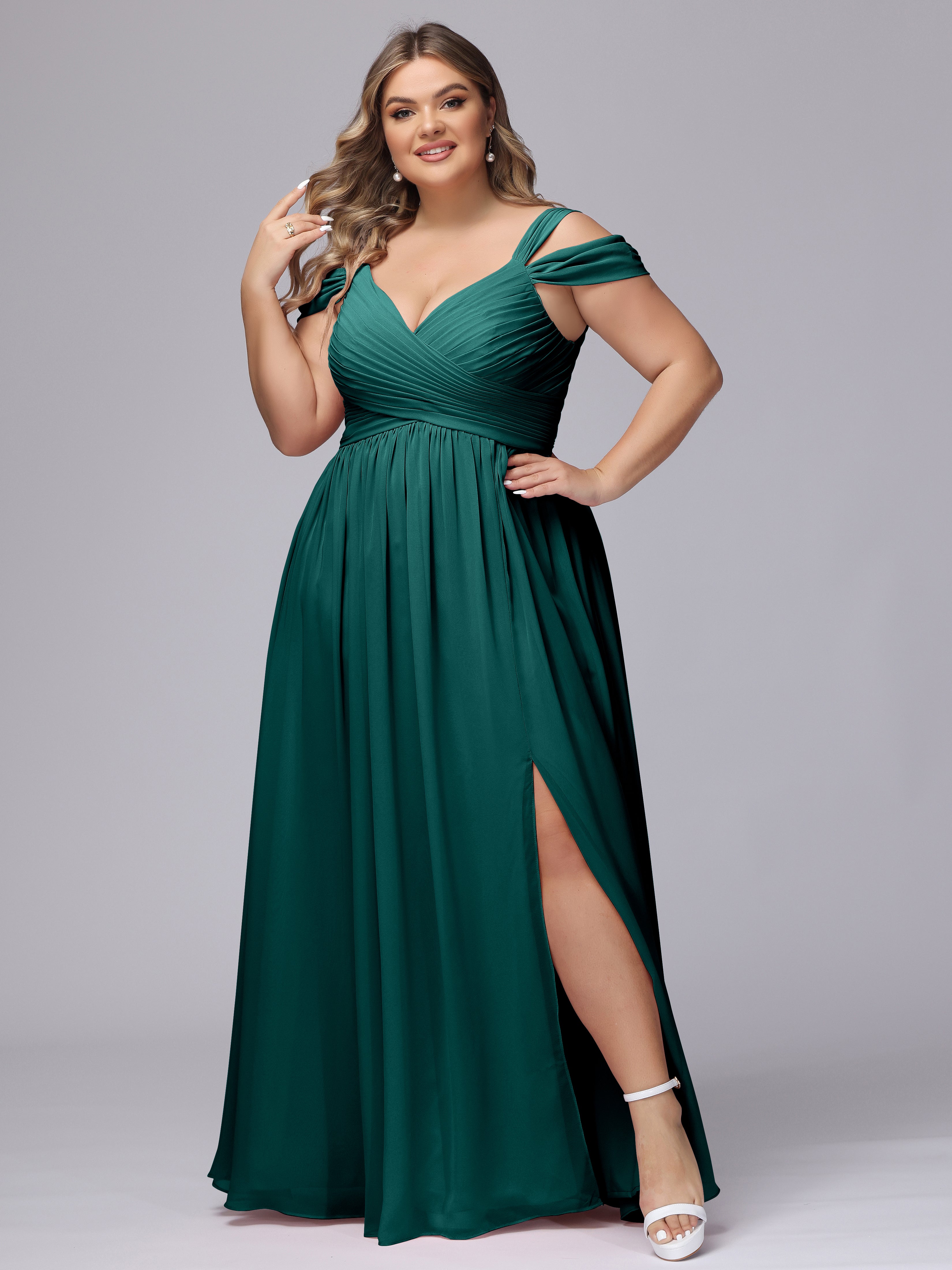 Robe Demoiselle D Honneur Bleu Paon Fendue Col V Dos En V Mousseline Robes Demoiselle D'Honneur Grande Taille