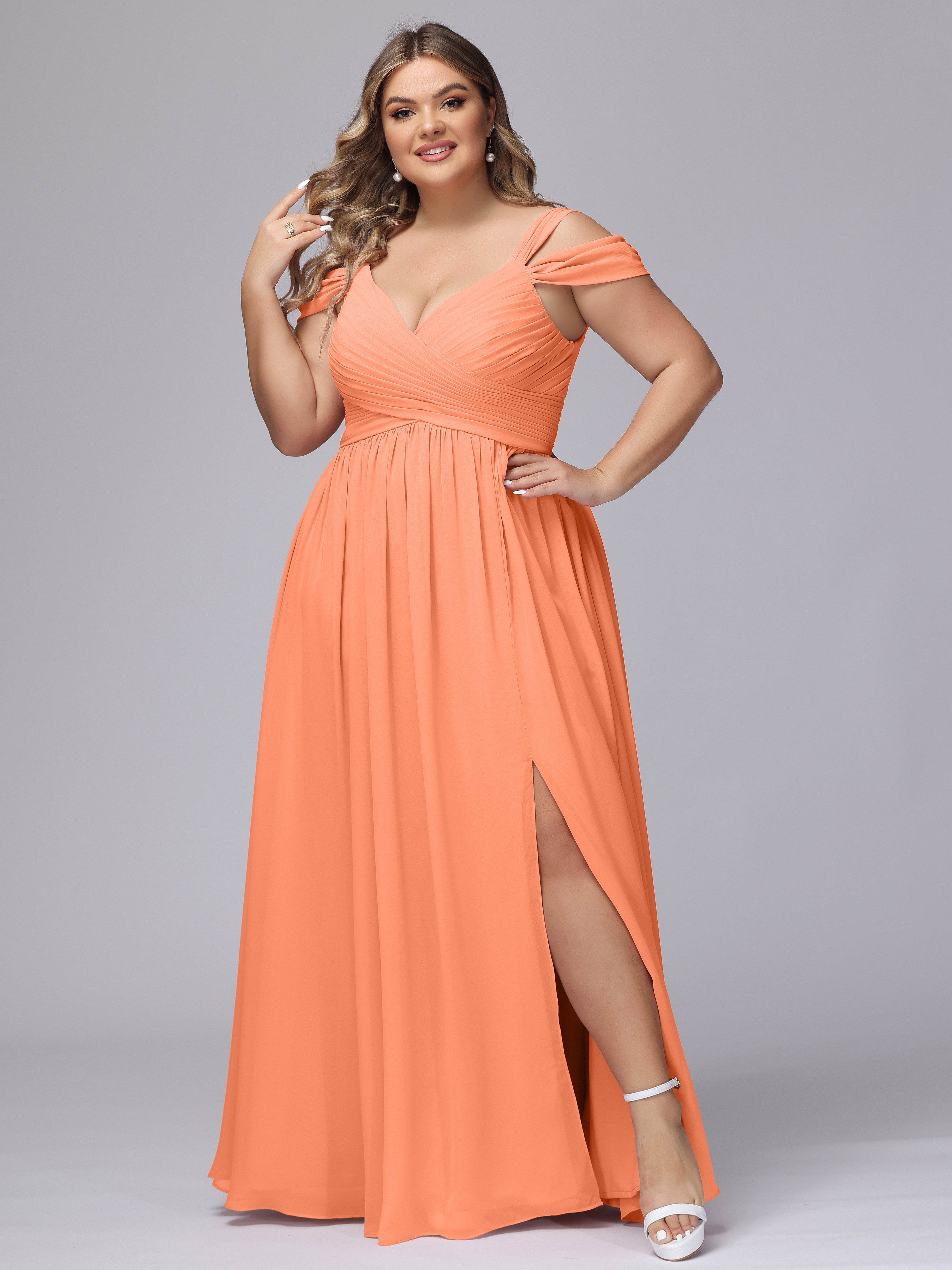 Robes De Demoiselle D'Honneur Papaye Fendue Col V Dos En V Mousseline Robes Demoiselle D'Honneur Grande Taille