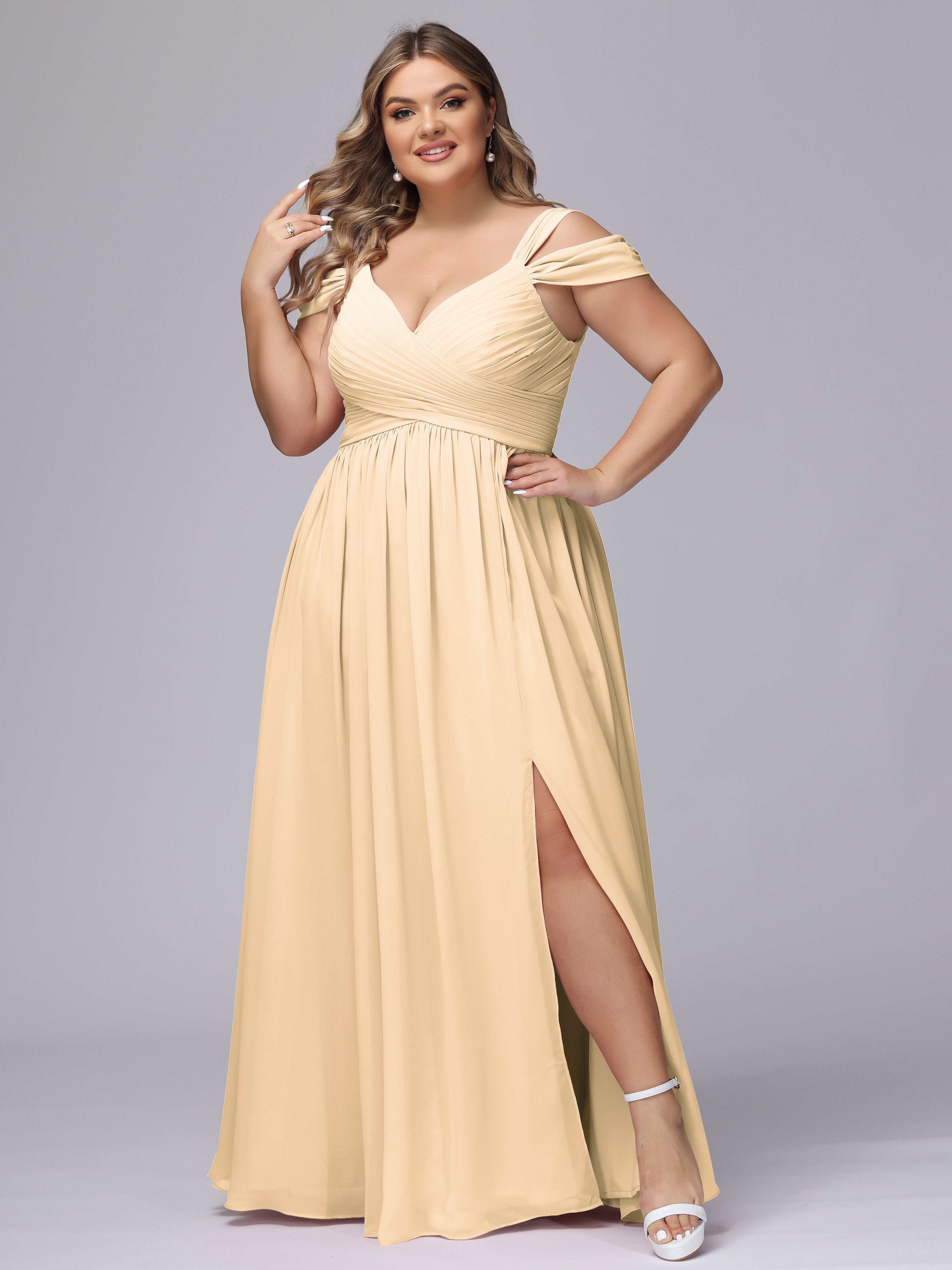 Robe Pêche Demoiselle D Honneur Fendue Col V Dos En V Mousseline Robes Demoiselle D'Honneur Grande Taille