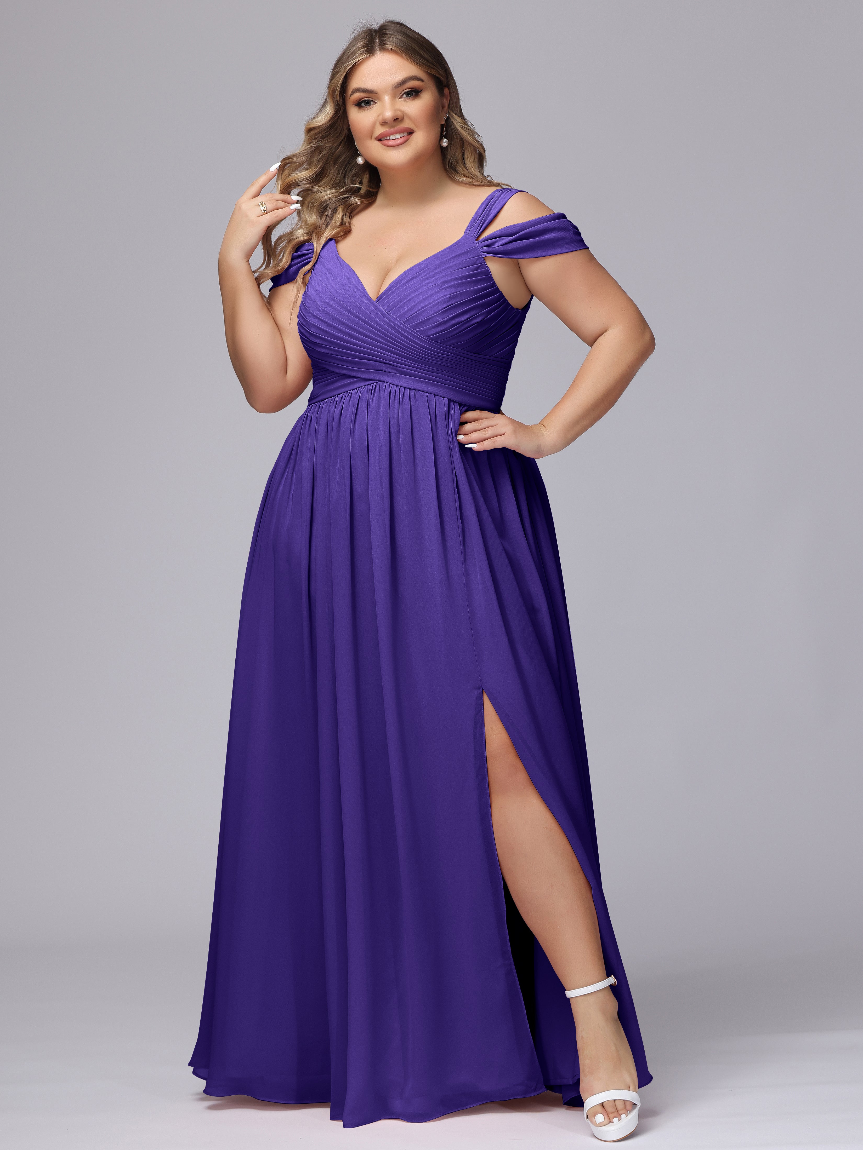 Robes De Demoiselle D'Honneur En Régence Fendue Col V Dos En V Mousseline Robes Demoiselle D'Honneur Grande Taille