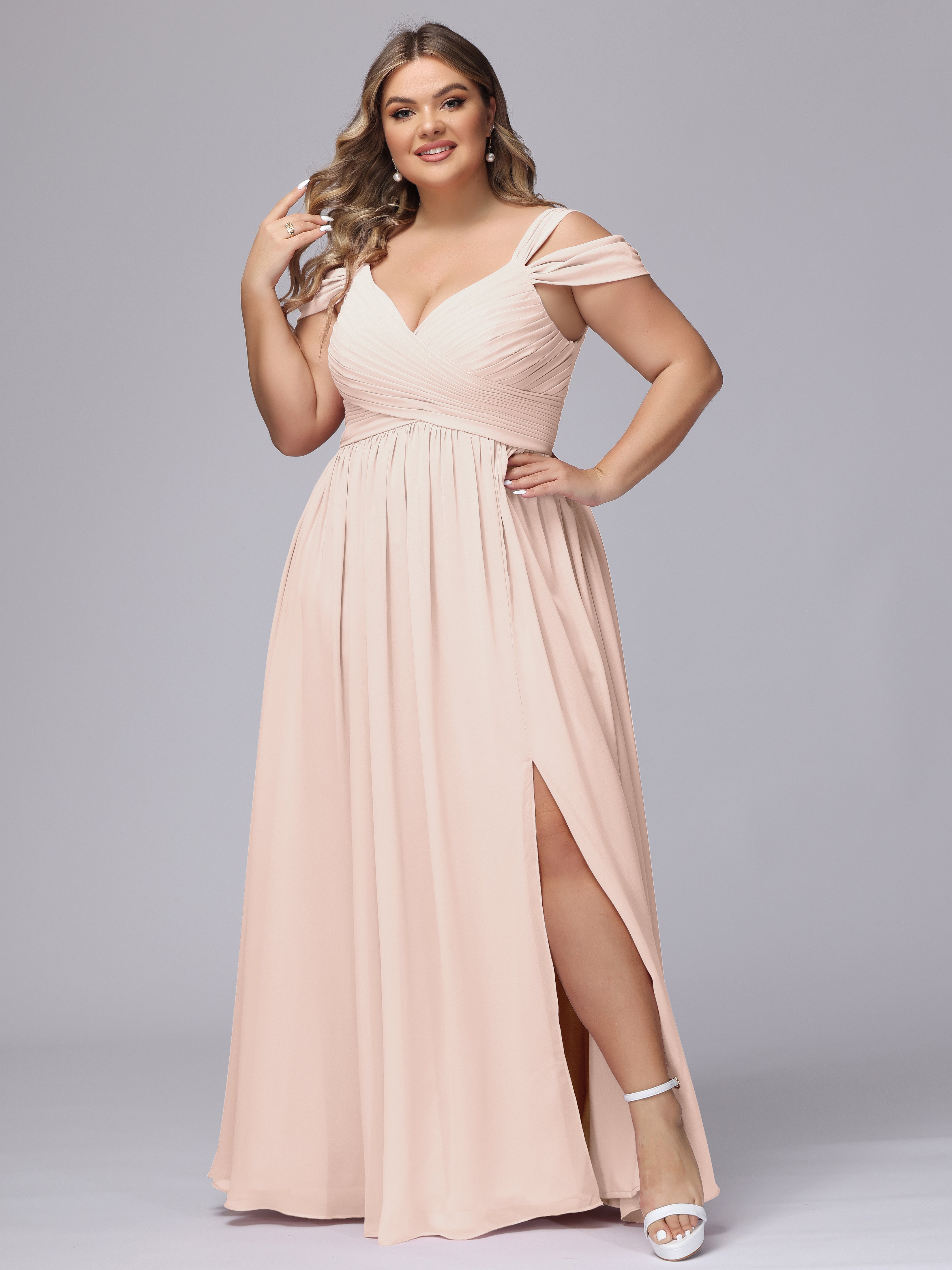 Robe Demoiselle D Honneur Rose Perle Fendue Col V Dos En V Mousseline Robes Demoiselle D'Honneur Grande Taille