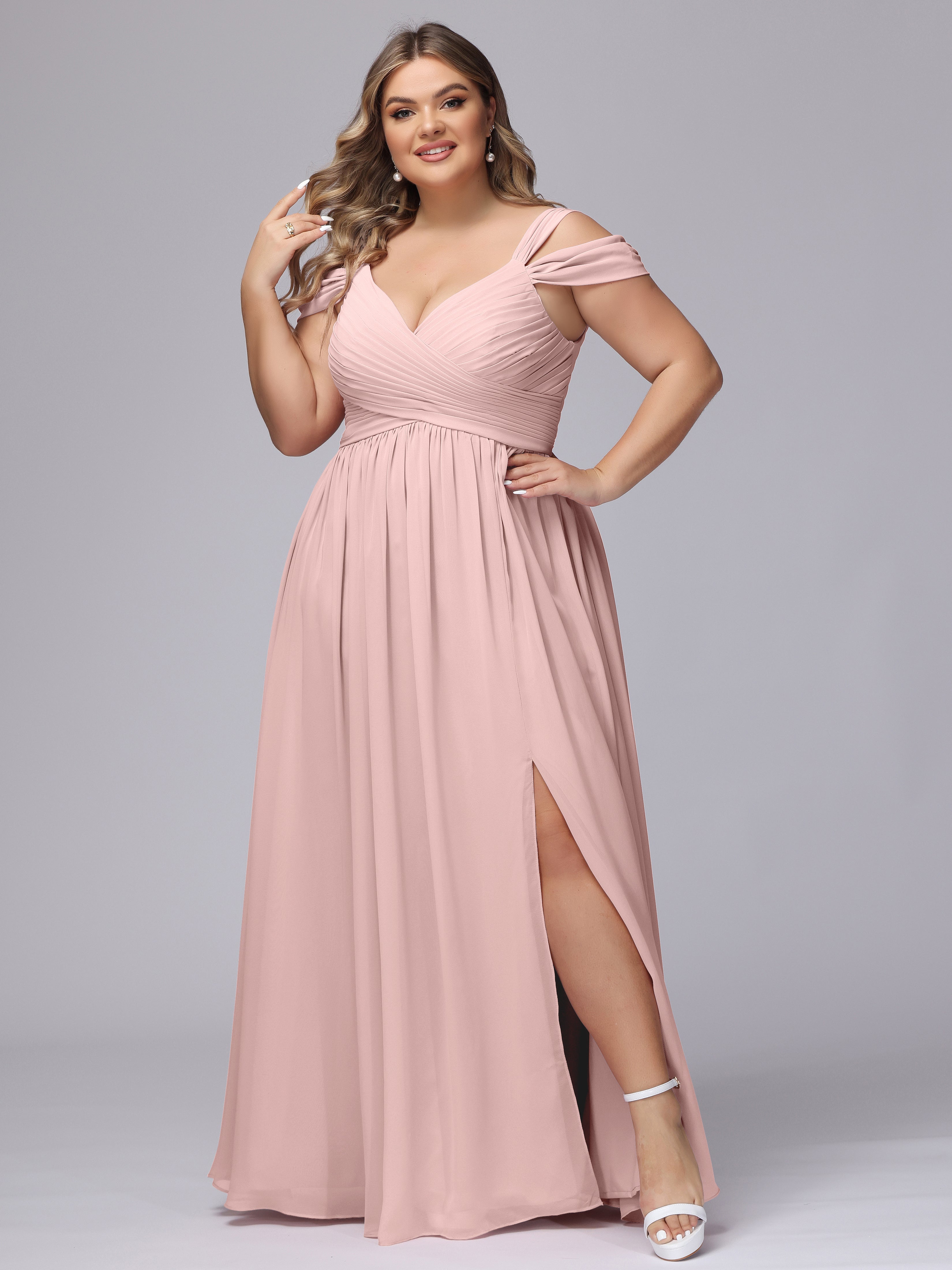Robes De Demoiselle D'Honneur Rose Poussiéreux Fendue Col V Dos En V Mousseline Robes Demoiselle D'Honneur Grande Taille