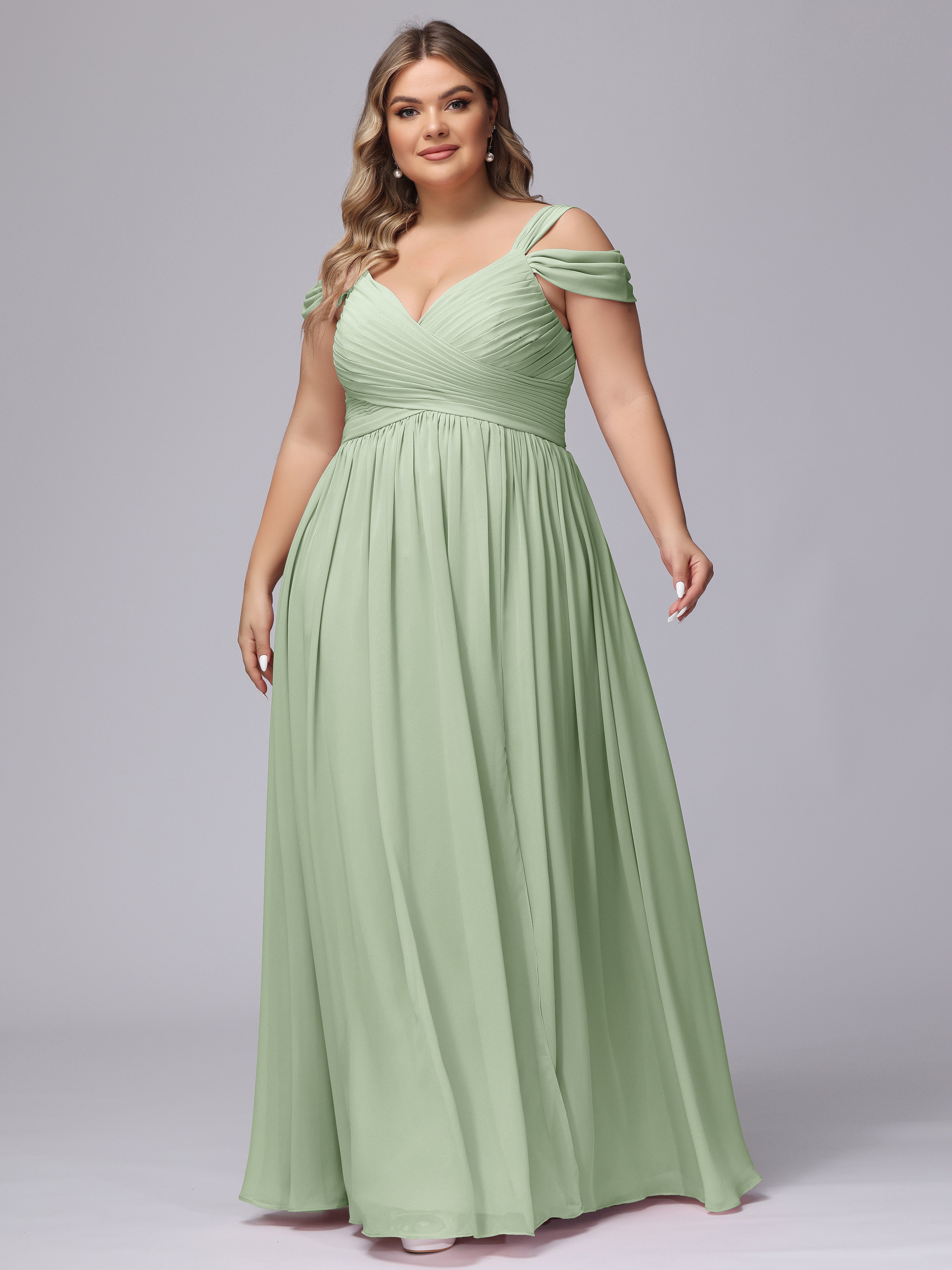 Robe Demoiselle D Honneur Sauge Poudrée Fendue Col V Dos En V Mousseline Robes Demoiselle D'Honneur Grande Taille