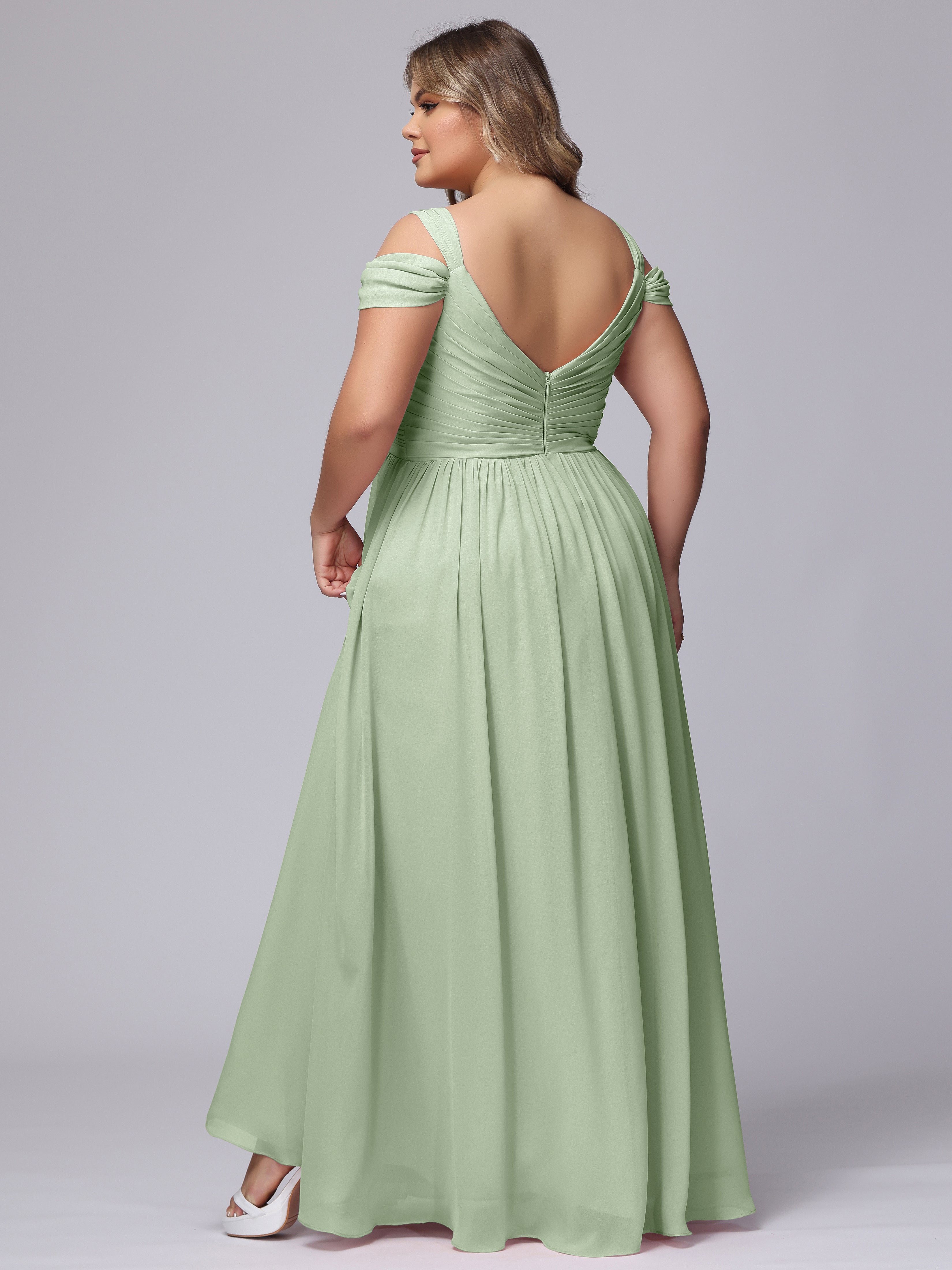 Robe Demoiselle D Honneur Sauge Poudrée Fendue Col V Dos En V Mousseline Robes Demoiselle D'Honneur Grande Taille