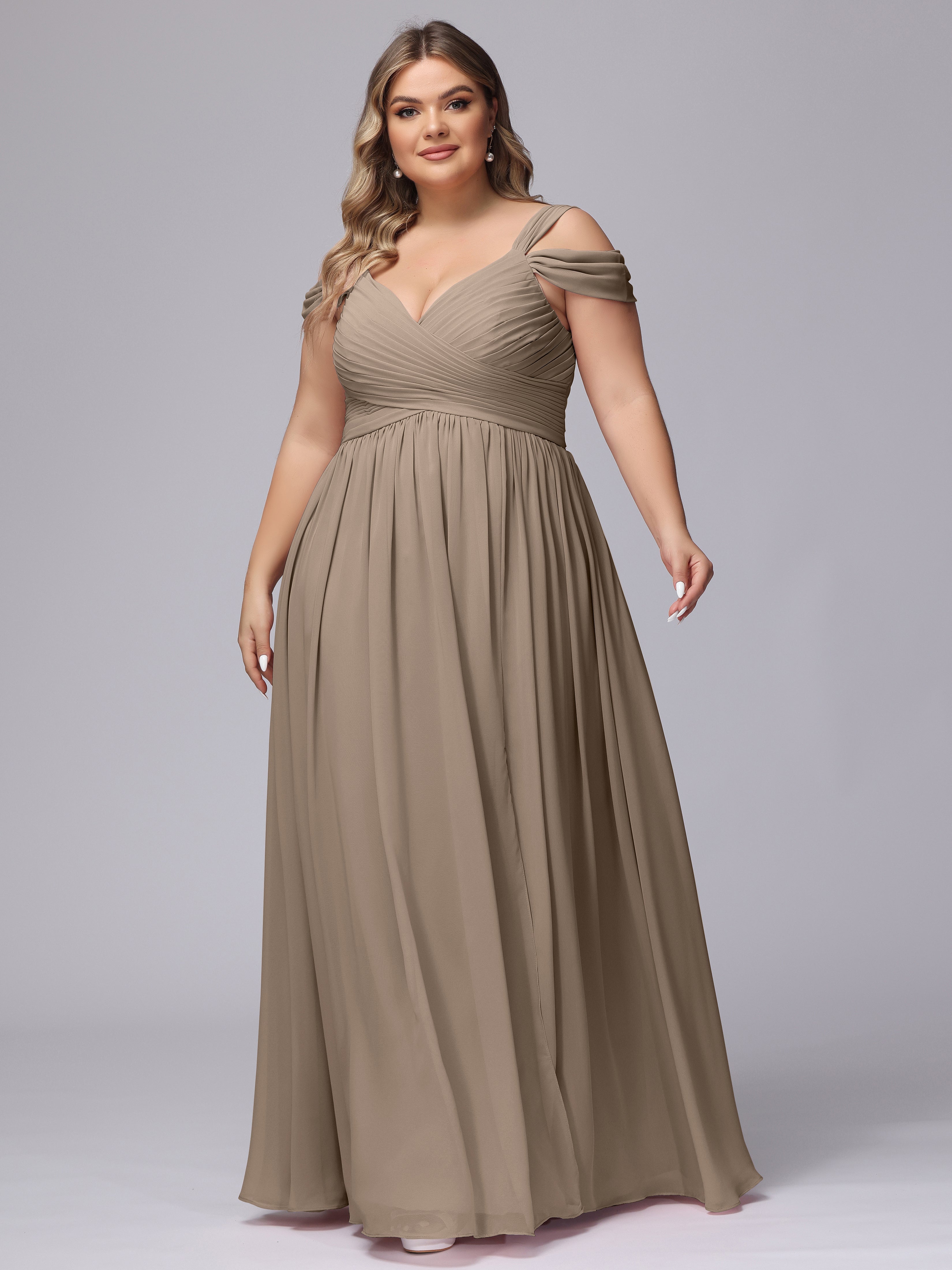 Couleur Taupe Robe Fendue Col V Dos En V Mousseline Robes Demoiselle D'Honneur Grande Taille