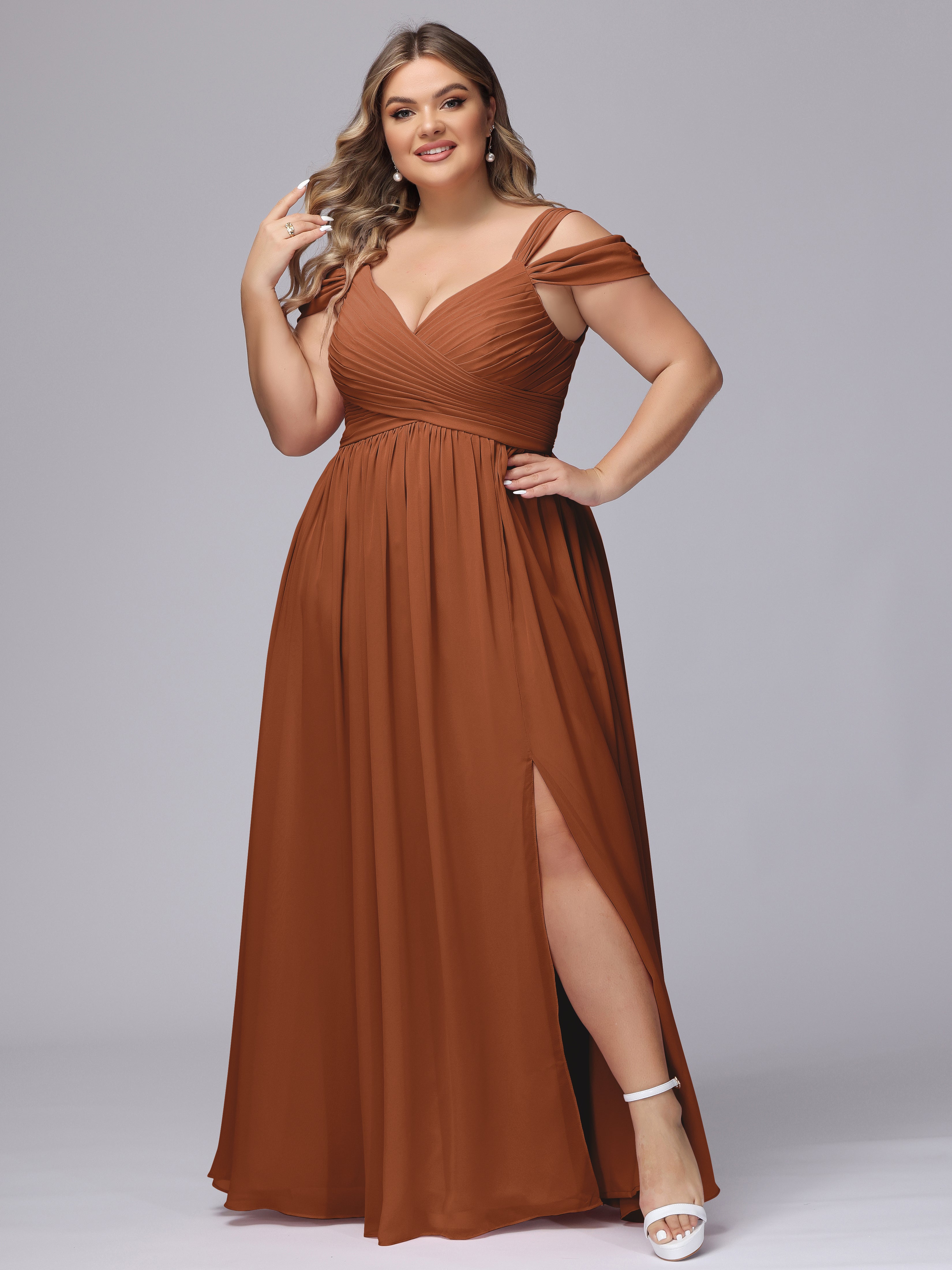 Robe Demoiselle D Honneur Terracota Fendue Col V Dos En V Mousseline Robes Demoiselle D'Honneur Grande Taille