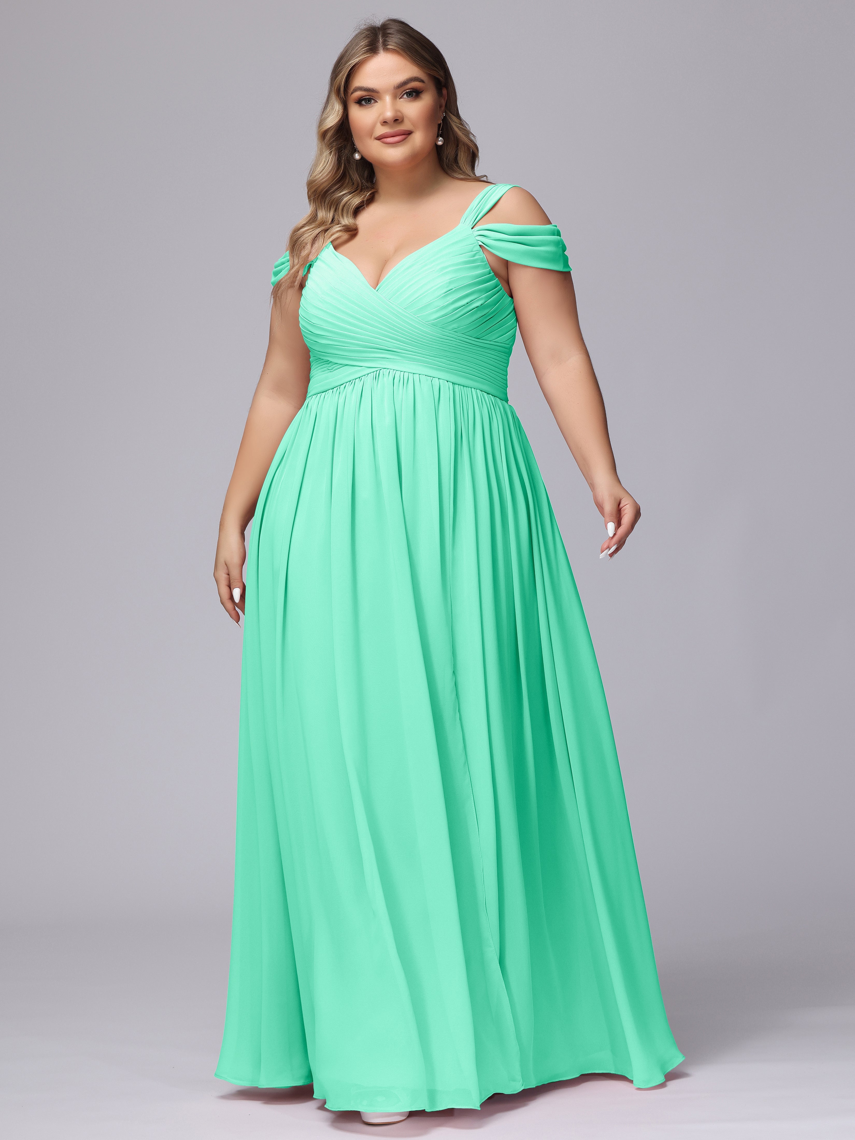 Robes De Demoiselle D'Honneur Turquoise Fendue Col V Dos En V Mousseline Robes Demoiselle D'Honneur Grande Taille