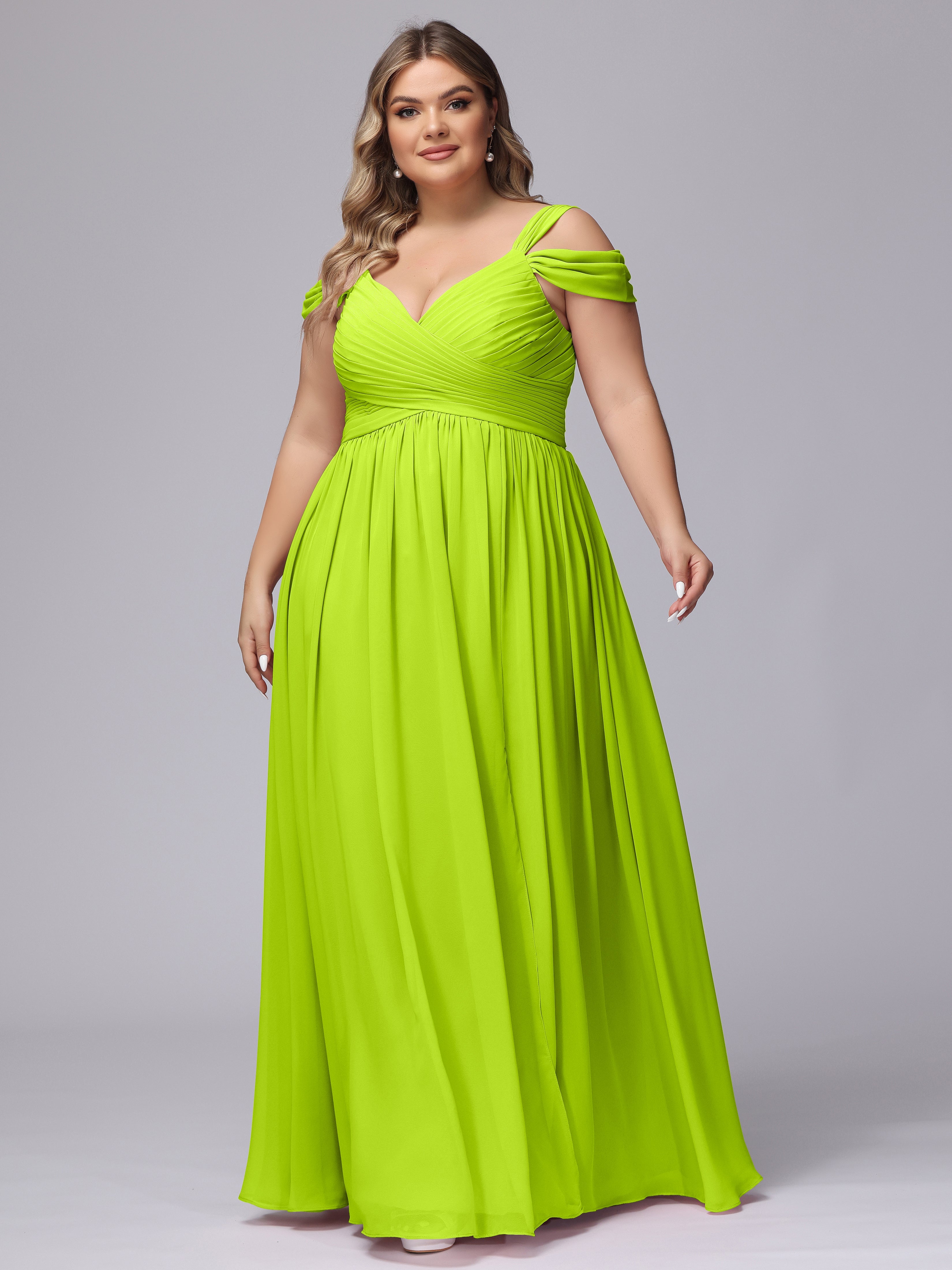 Robes De Demoiselle D'Honneur Vert Citron Fendue Col V Dos En V Mousseline Robes Demoiselle D'Honneur Grande Taille