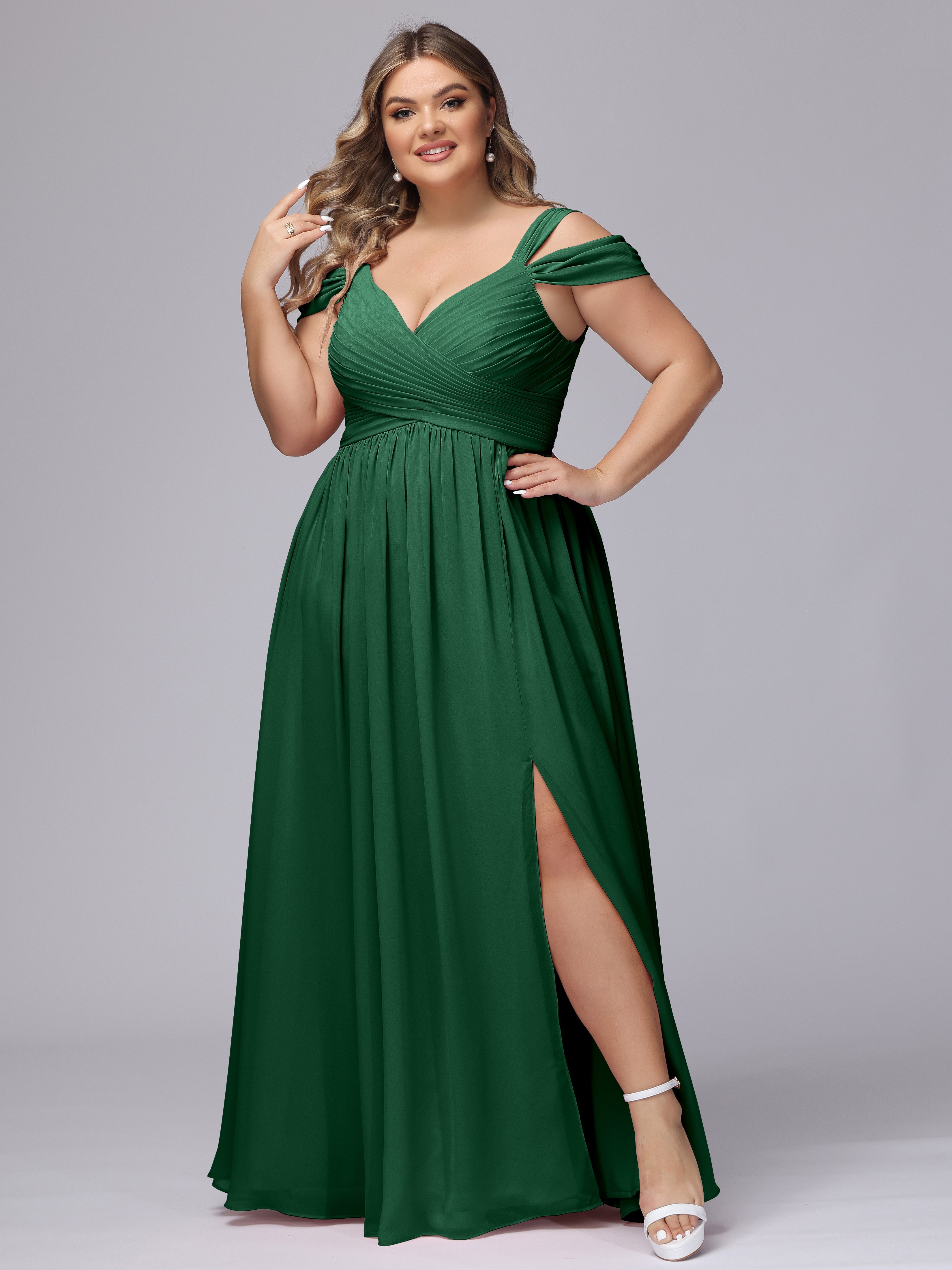 Robes De Demoiselle D'Honneur Vert Foncé Fendue Col V Dos En V Mousseline Robes Demoiselle D'Honneur Grande Taille