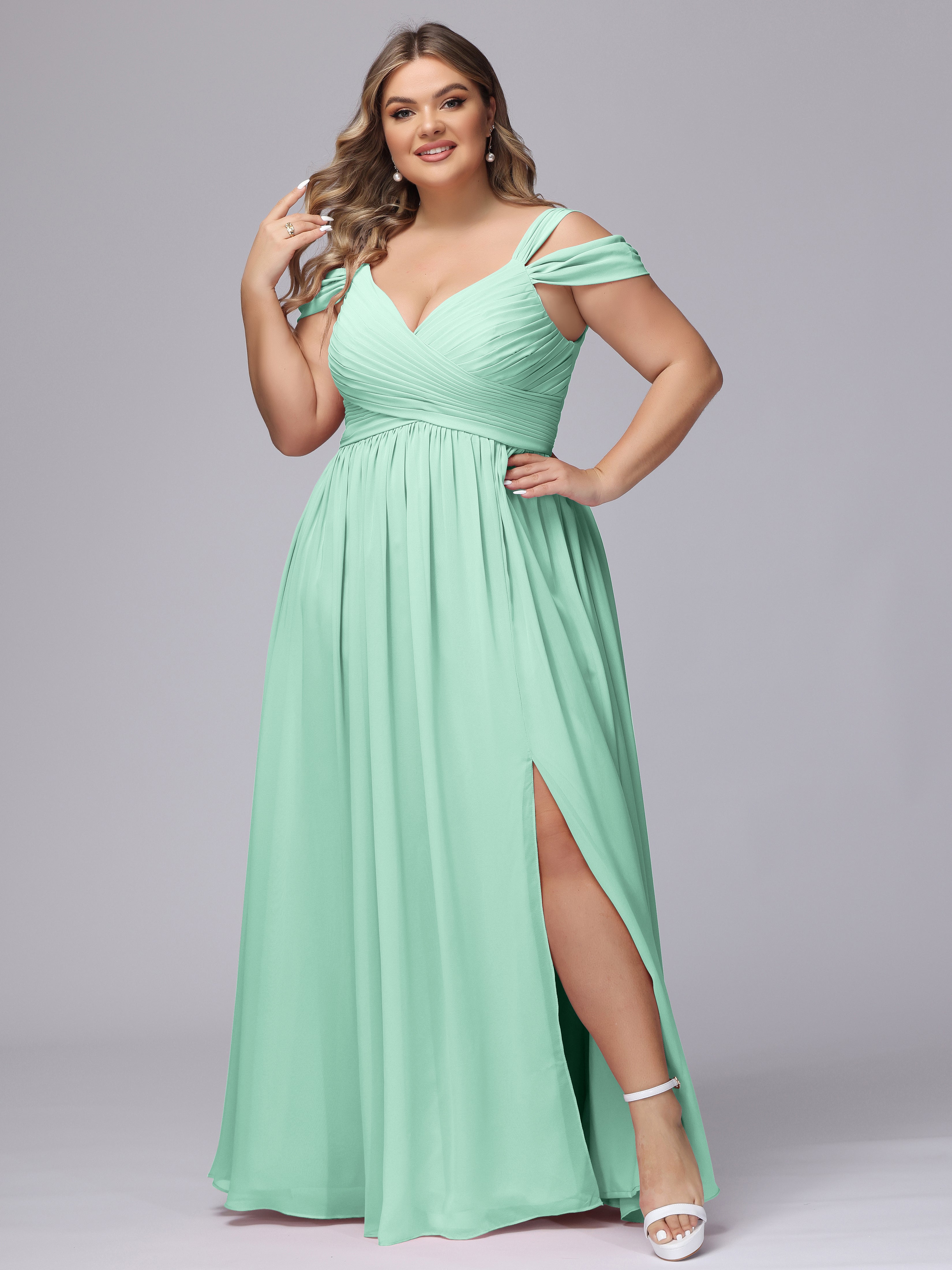 Robe Demoiselle D Honneur Vert Menthe Fendue Col V Dos En V Mousseline Robes Demoiselle D'Honneur Grande Taille