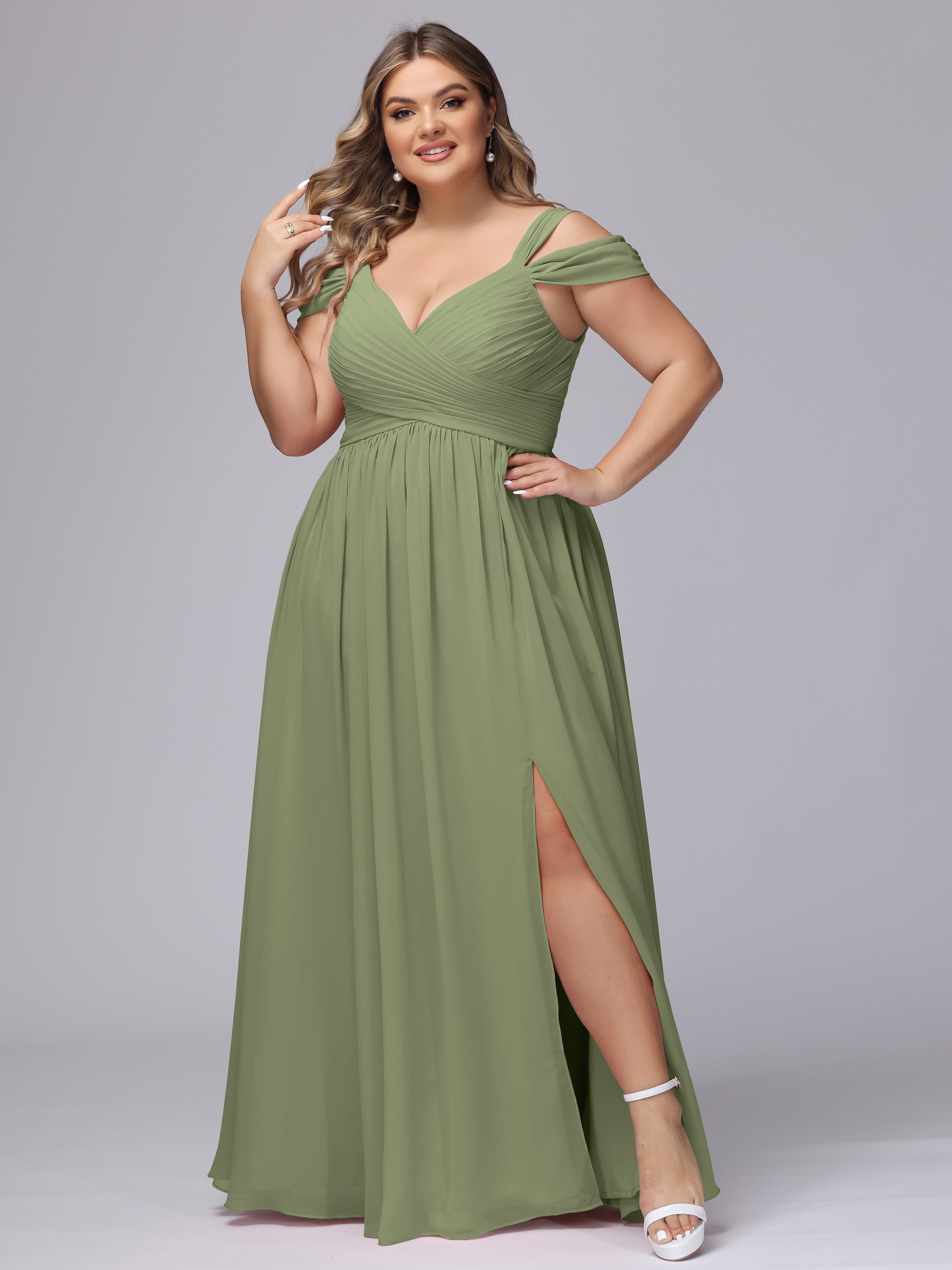 Robes De Demoiselle D'Honneur Olive Fendue Col V Dos En V Mousseline Robes Demoiselle D'Honneur Grande Taille