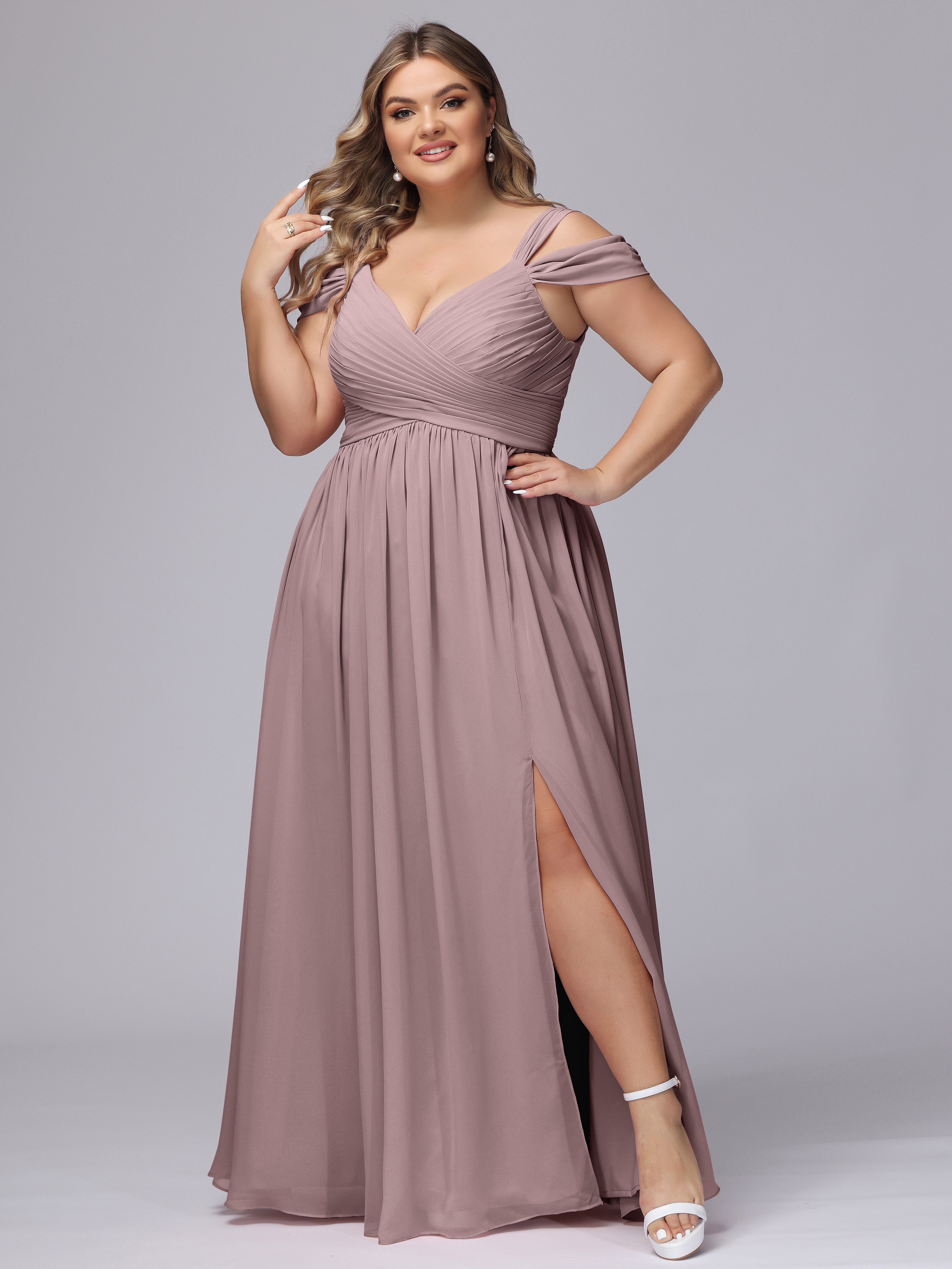 Robes De Demoiselle D'Honneur Mauve Foncé Fendue Col V Dos En V Mousseline Robes Demoiselle D'Honneur Grande Taille