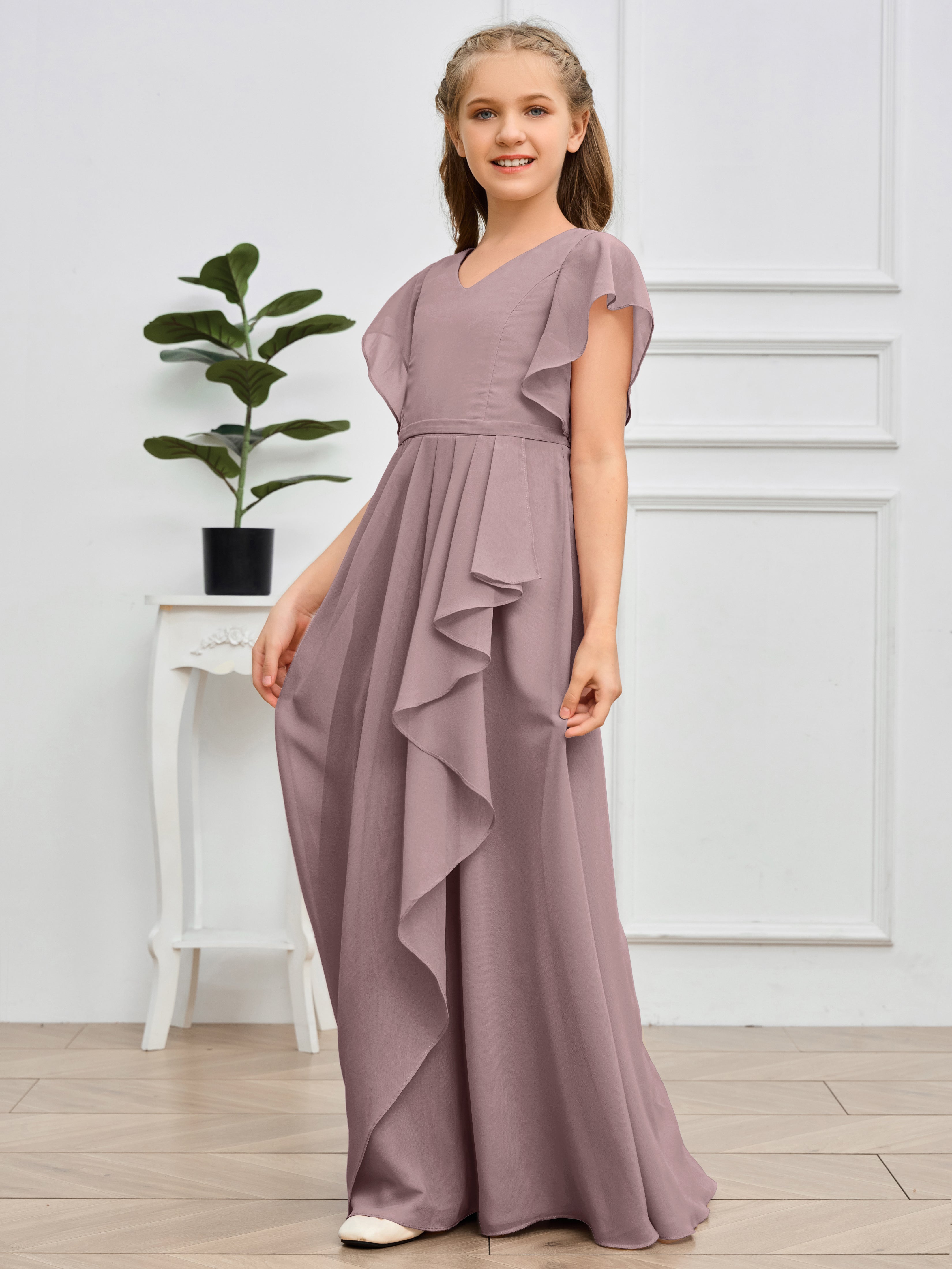 Col en V et manches volantées Mousseline Robe de demoiselle d'honneur Junior