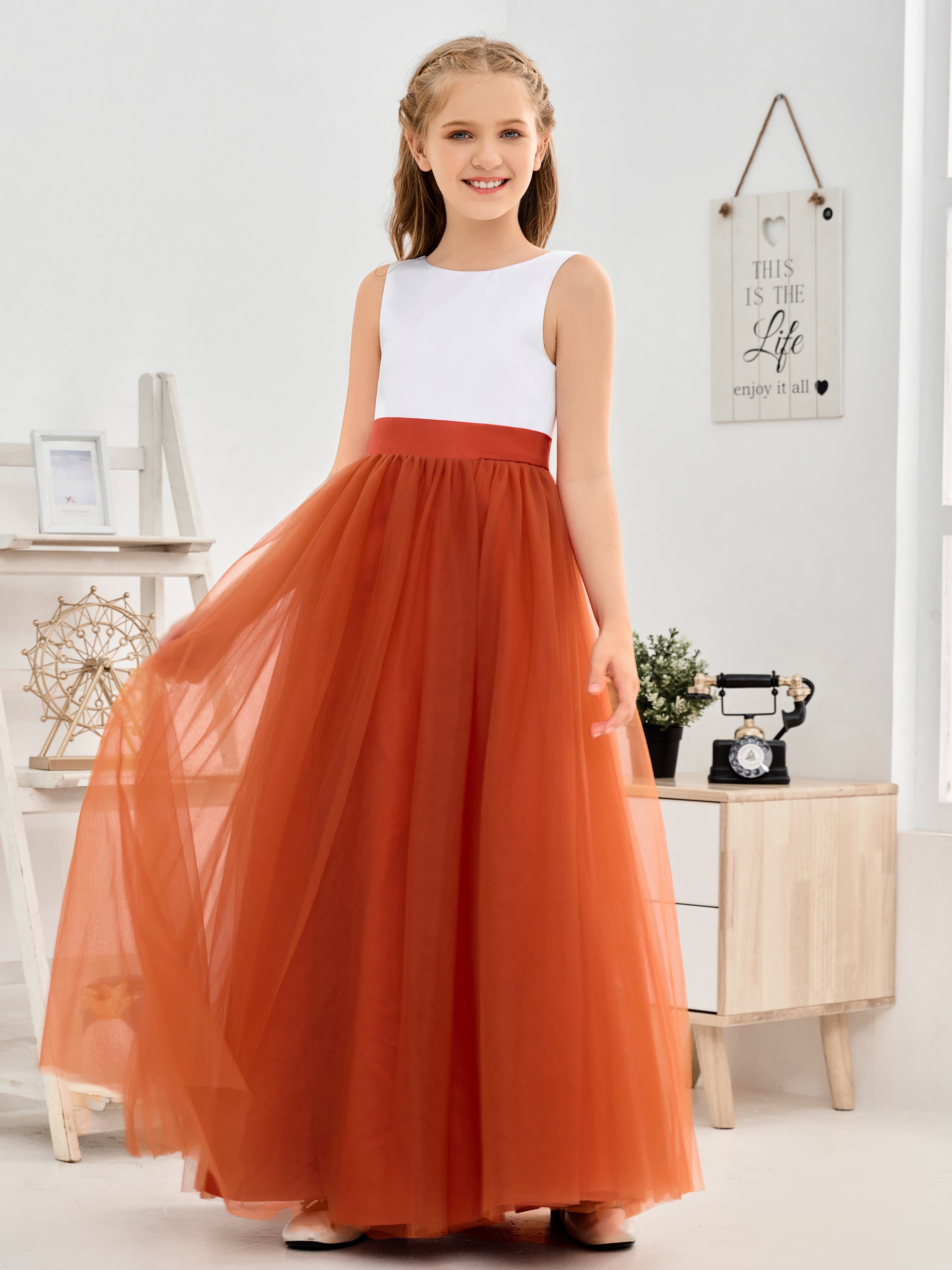 Col rond sans dos ROUILLE Satin Tulle Longue Robe Fille