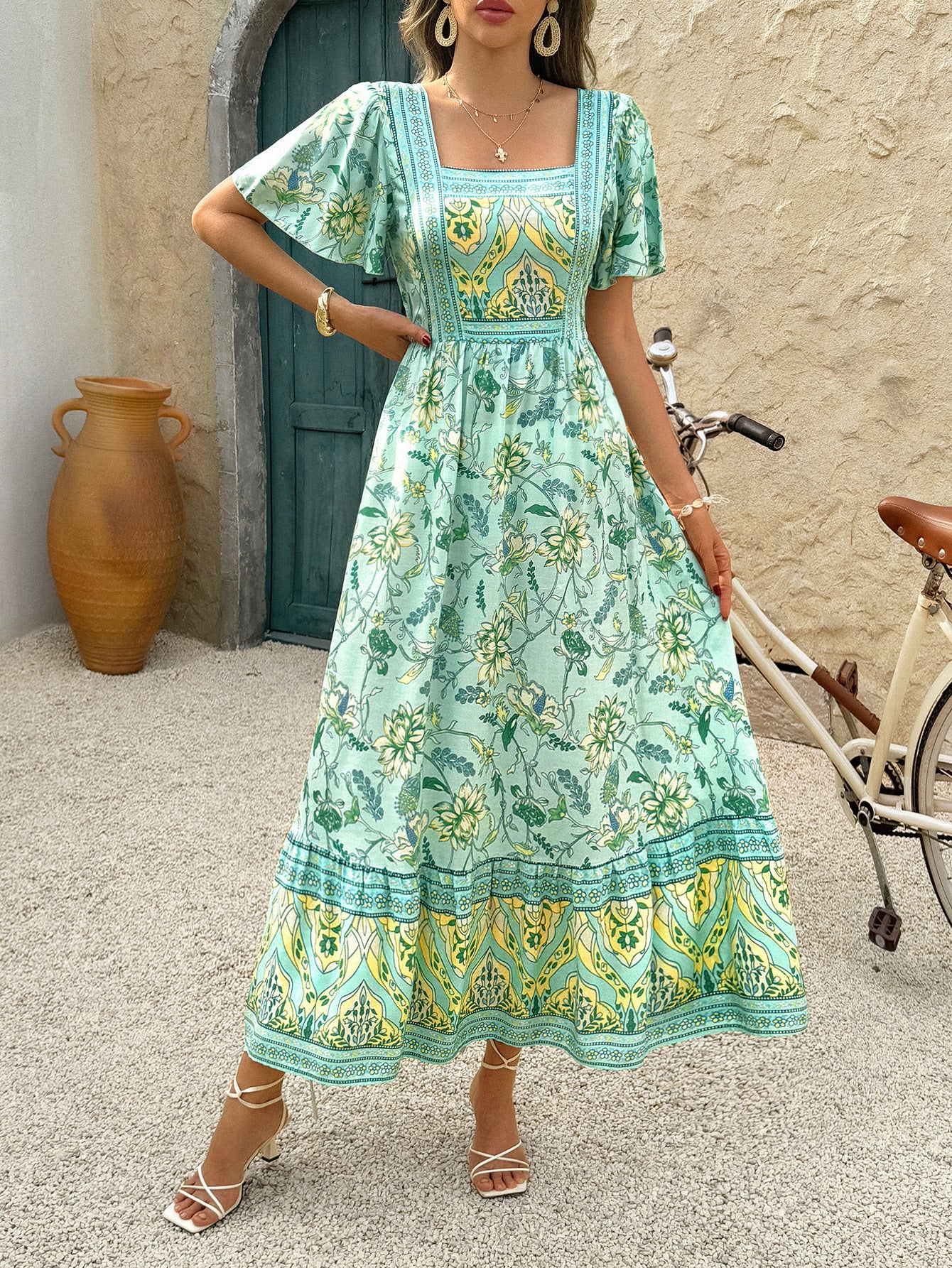 Robe Invitée Mariage VERT_MENTHE Imprimé Fleurs Encolure Carrée Longueur Cheville