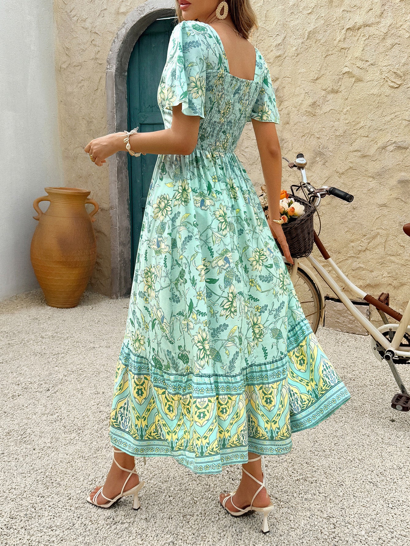 Robe Invitée Mariage VERT_MENTHE Imprimé Fleurs Encolure Carrée Longueur Cheville