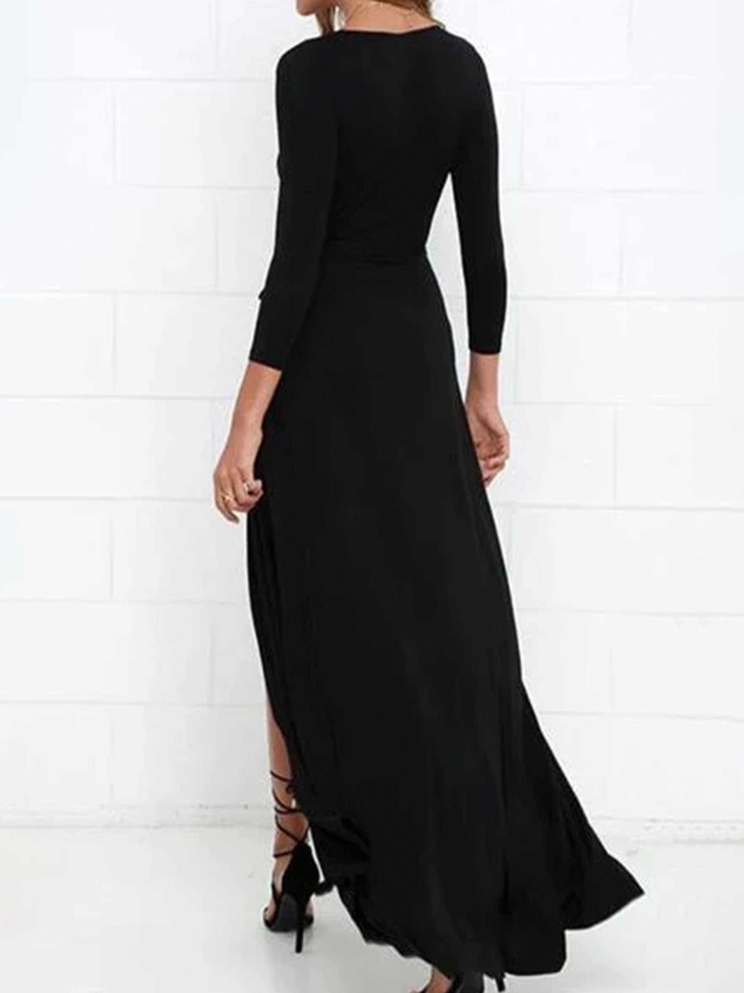 Robe de Bal Noir Longue Manches Longues Décolleté Profond avec Fente Latérale Sexy