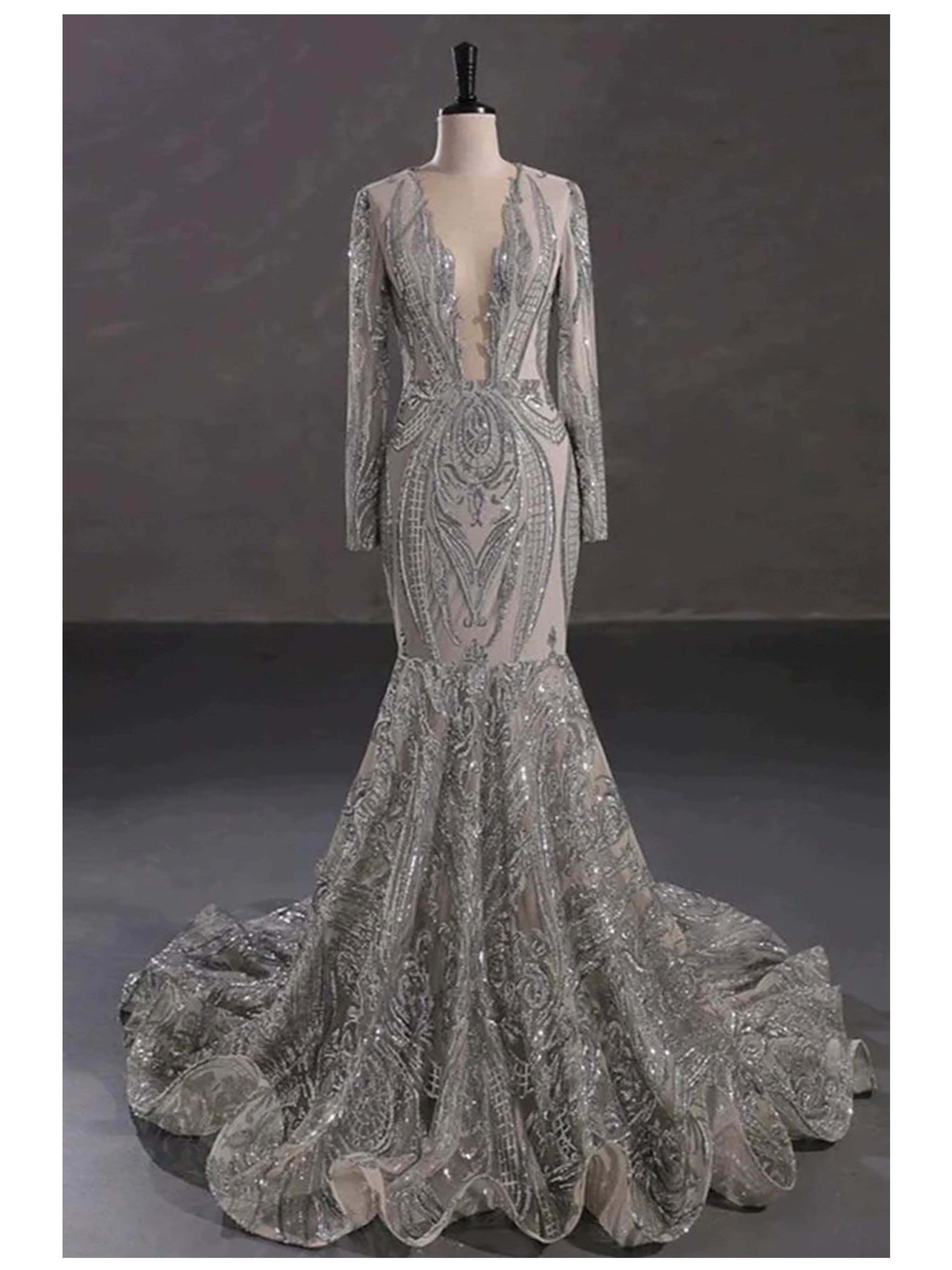 Robe de Bal Argentée Magnifique Style Sirène/Trumpet à Manches Longues en Dentelle et Paillettes